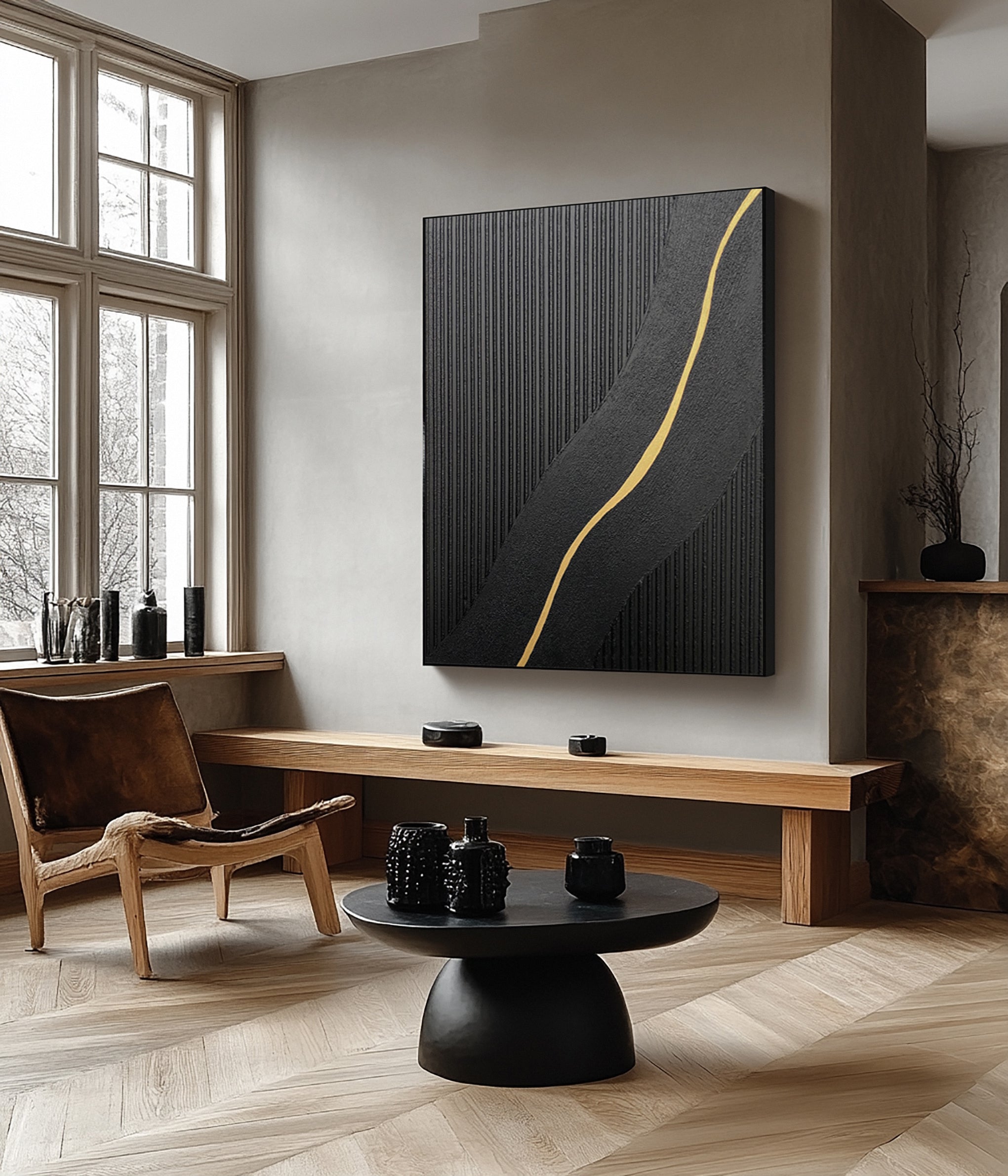 Modern Abstract with Textured Black and Luminous Gold Curve #MM591