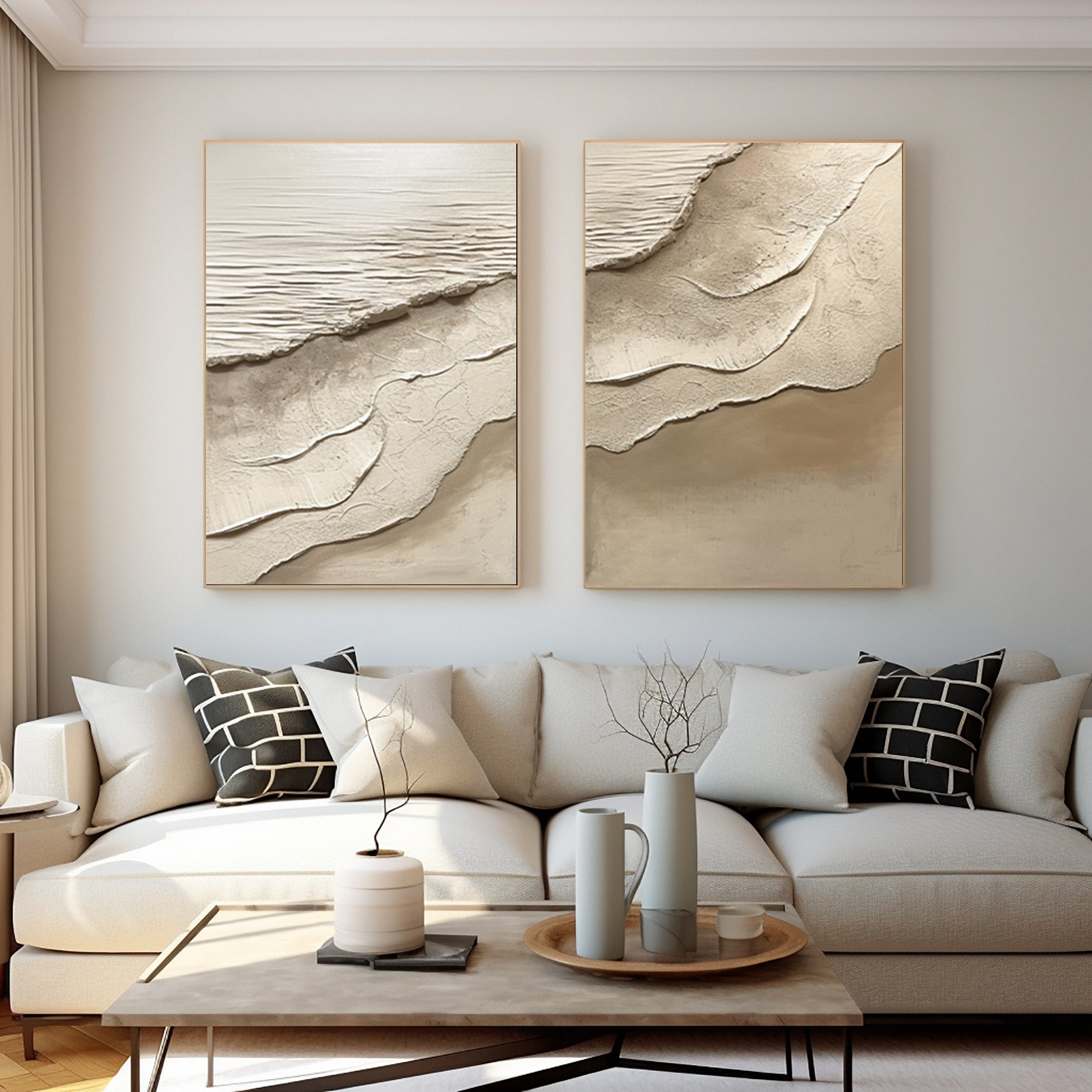 Sand & Tide: Modern Abstract Beach Pair in Neutral Impasto #MM581