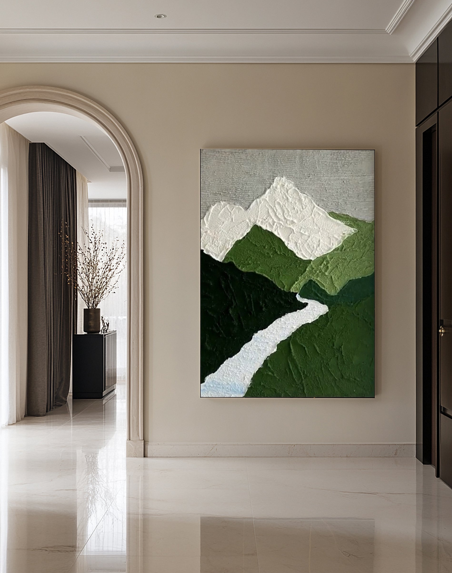 Textured Mountain River: Minimalist Landscape Art with Peaks #MM639