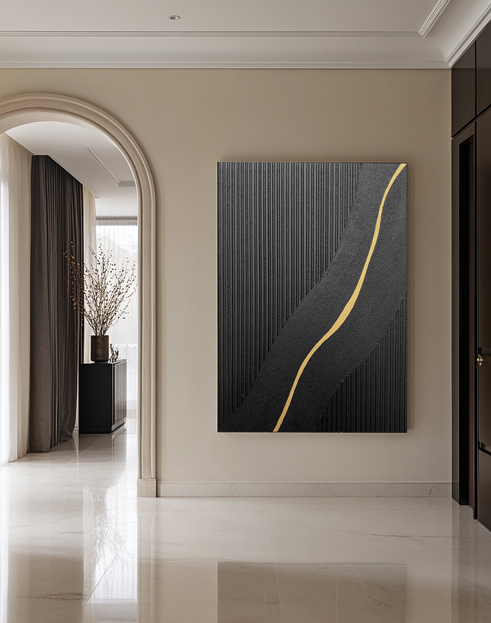 Modern Abstract with Textured Black and Luminous Gold Curve #MM591