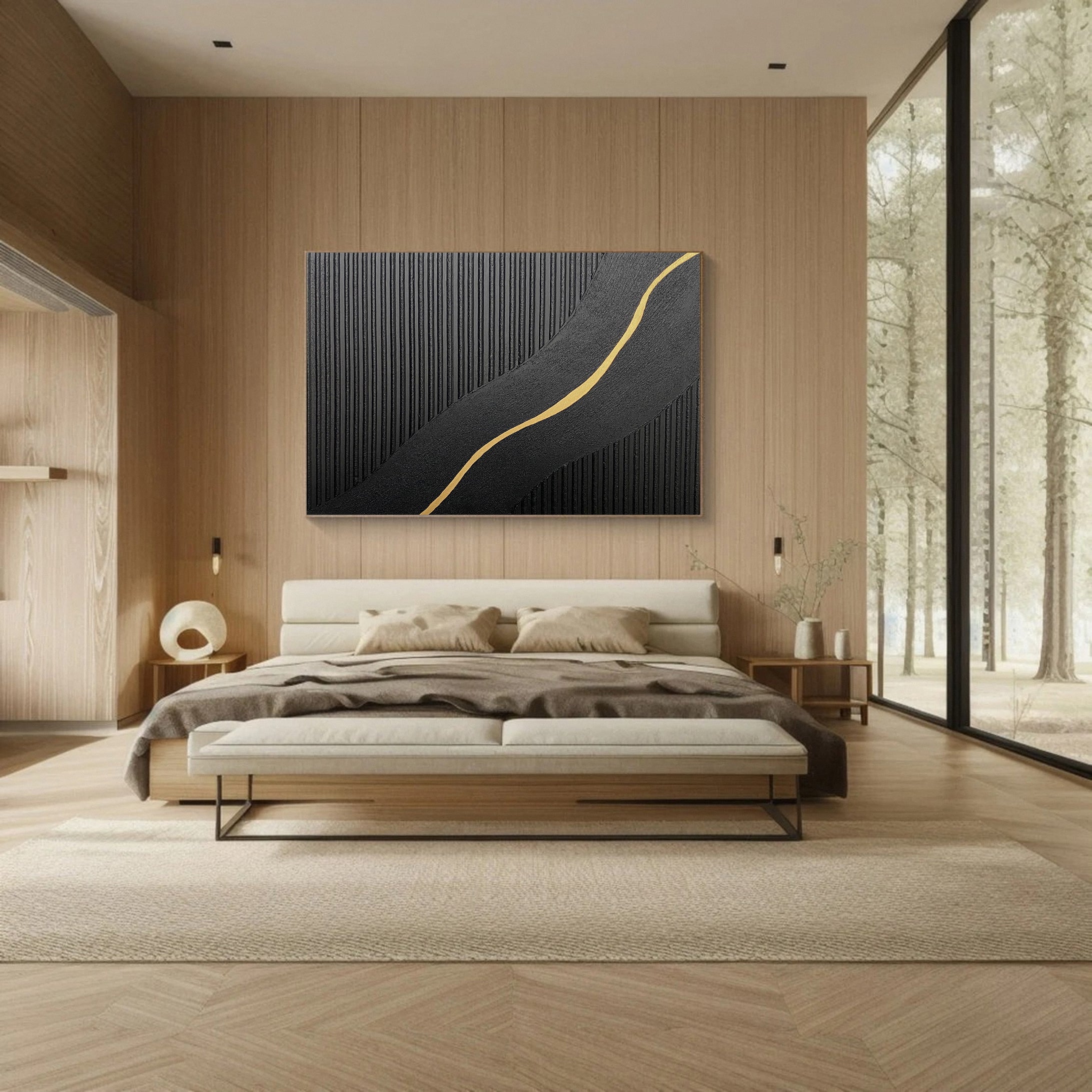 Diagonal Vein: Textured Black Abstract with Slanting Gold Inlay #MM592