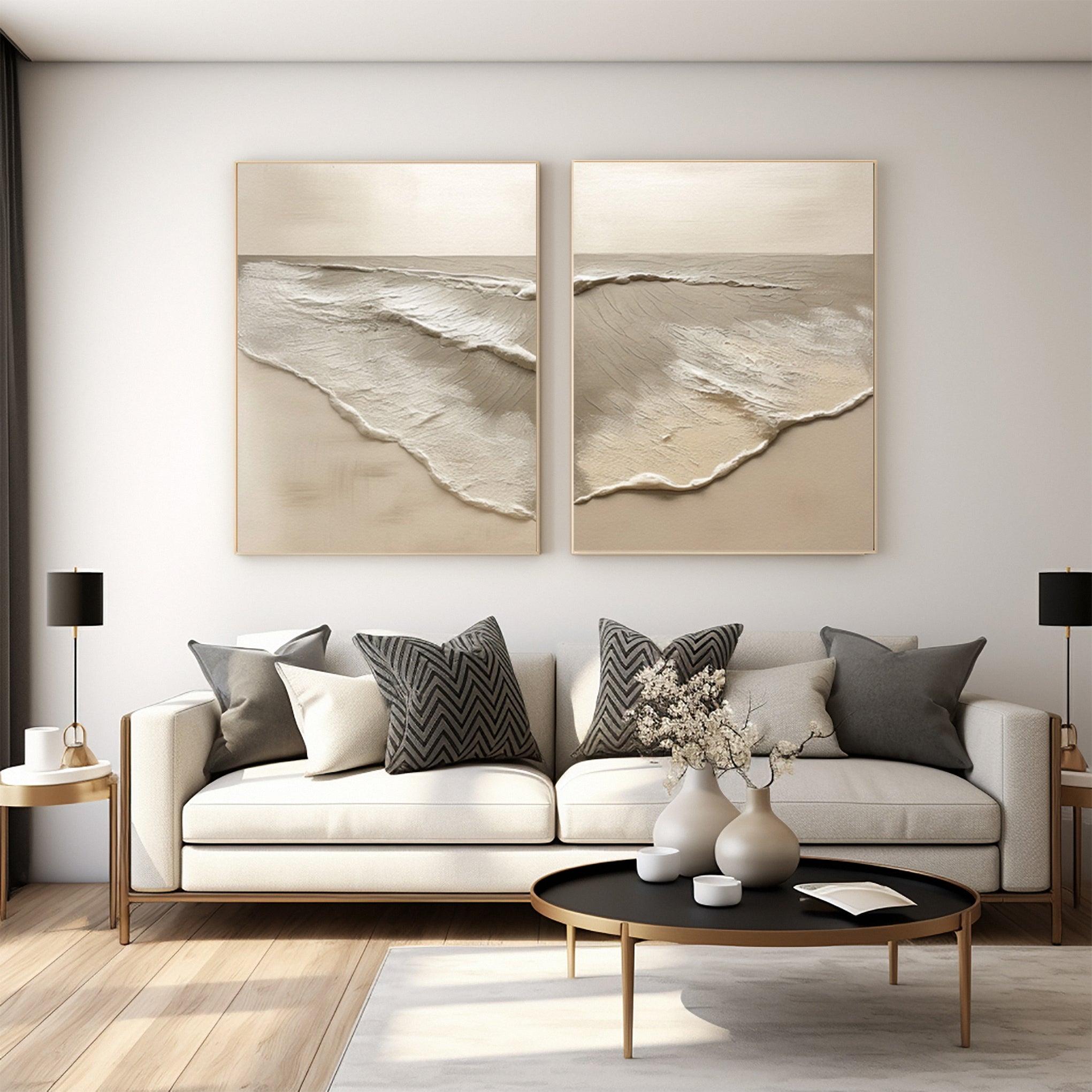 Minimalist Neutral Beach Diptych with Sculpted Water and Sand #MM584