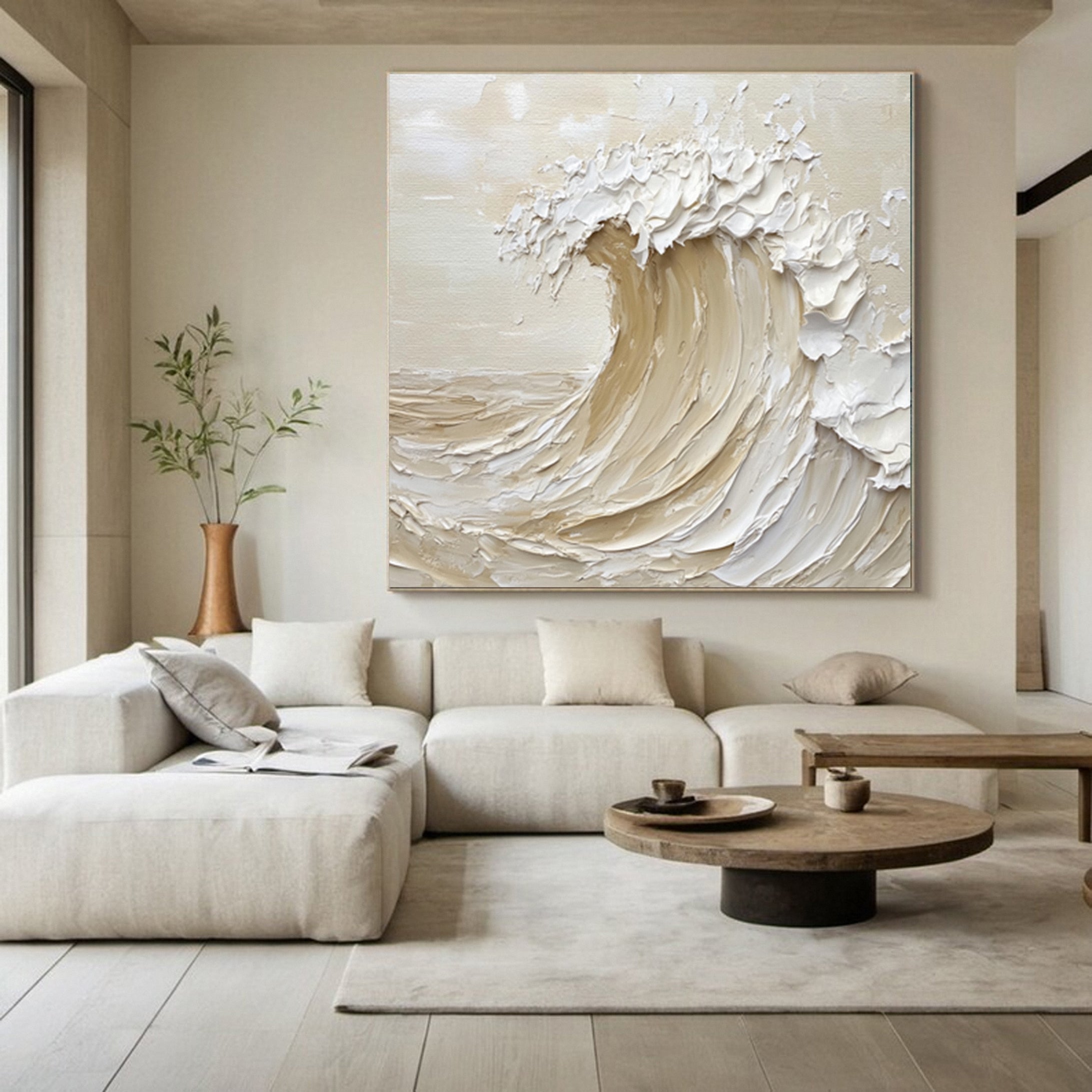 Handcrafted Neutral Wave Art Textured Coastal Canvas #OP046