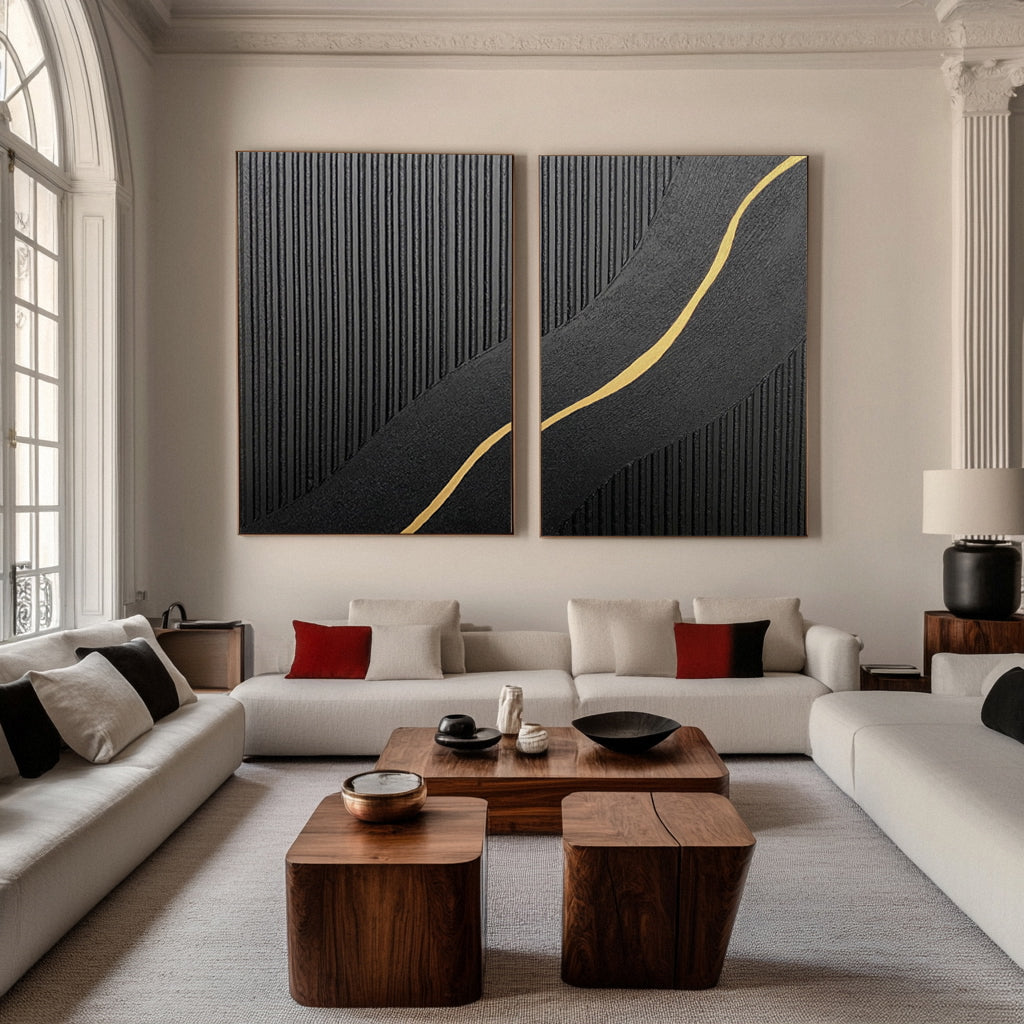 Contemporary Black Impasto Diptych with a Vein of Gold Unfolding #MM593