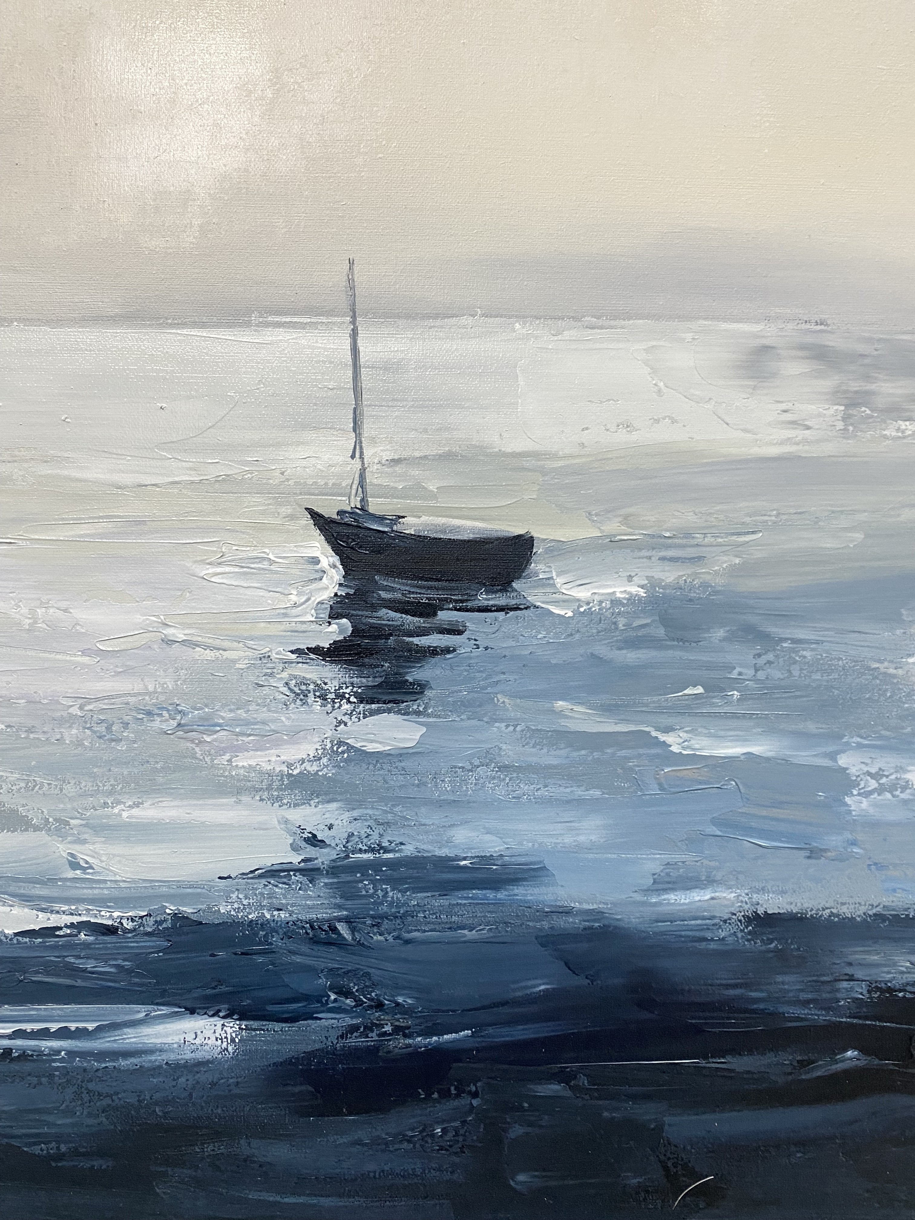 Still Waters, Distant Sails: Minimalist Marine Art with Two Boats #MM647