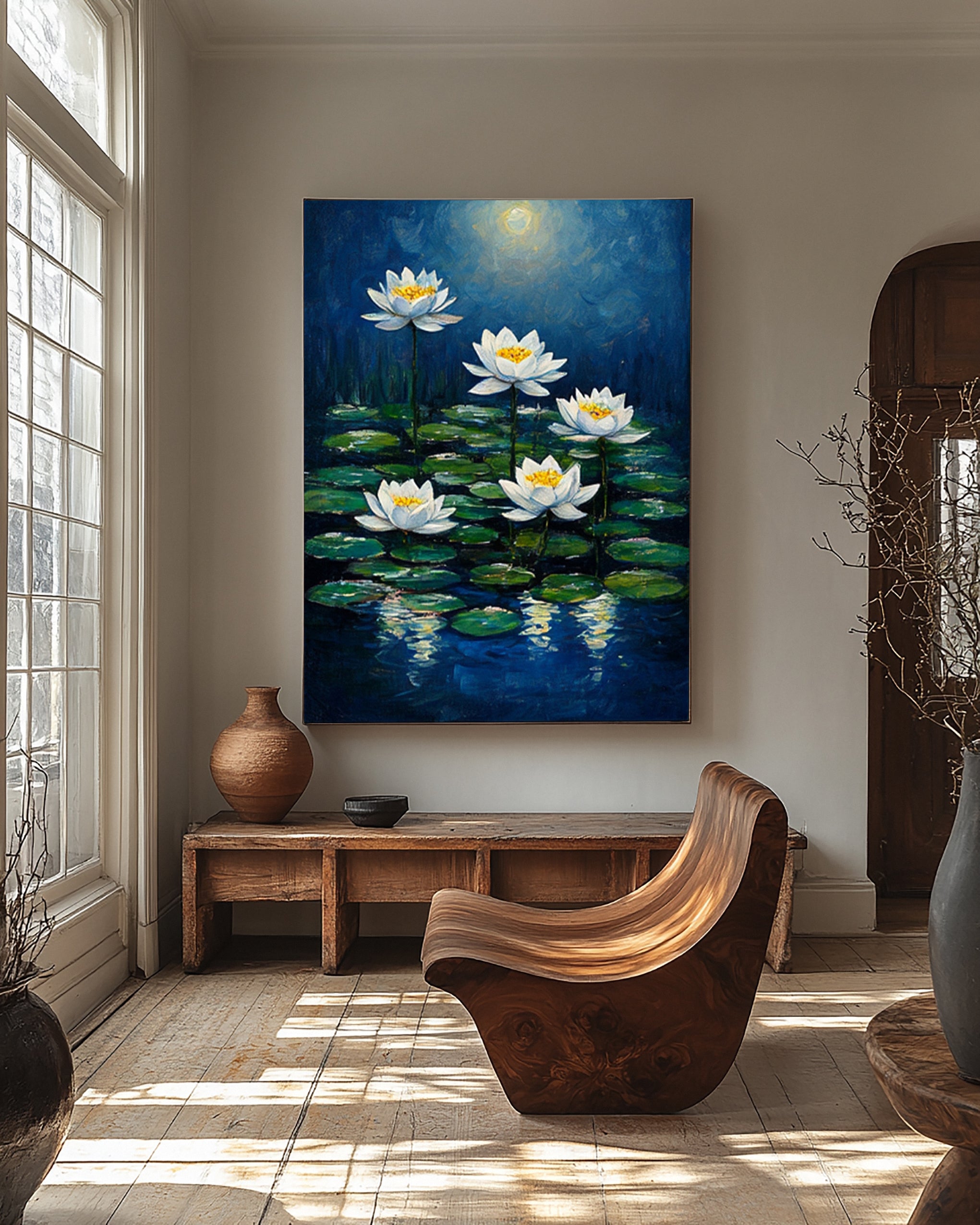 Moonlit Water Lilies: Serene Night Painting with Blooms on Pond #MM644