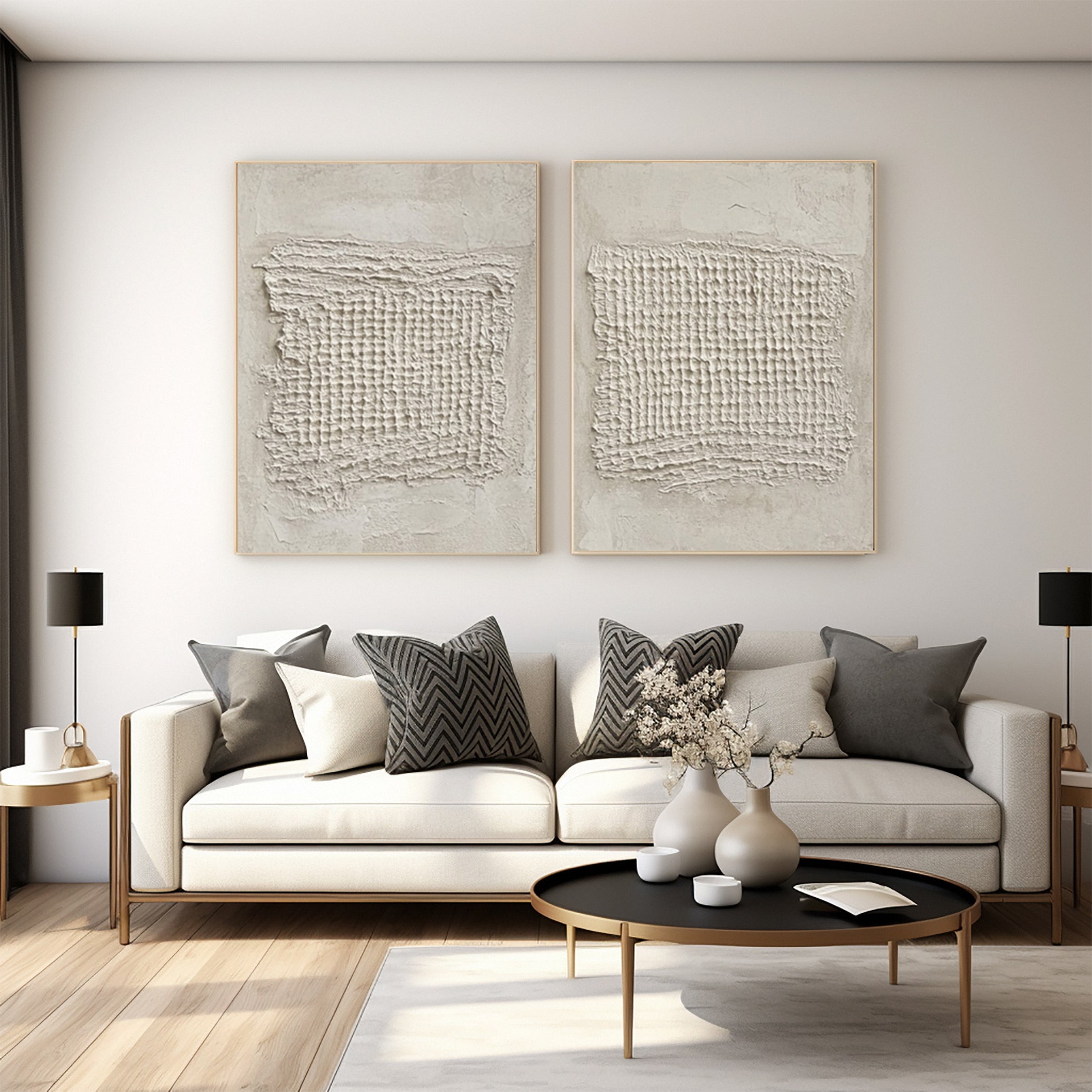 Sculpted Neutral Grid Diptych: Minimalist with Central Textures #MM603