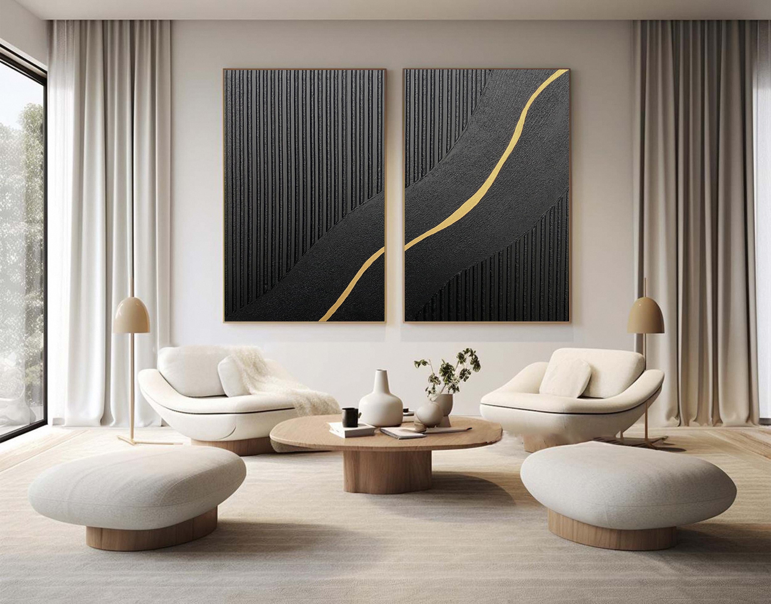 Contemporary Black Impasto Diptych with a Vein of Gold Unfolding #MM593