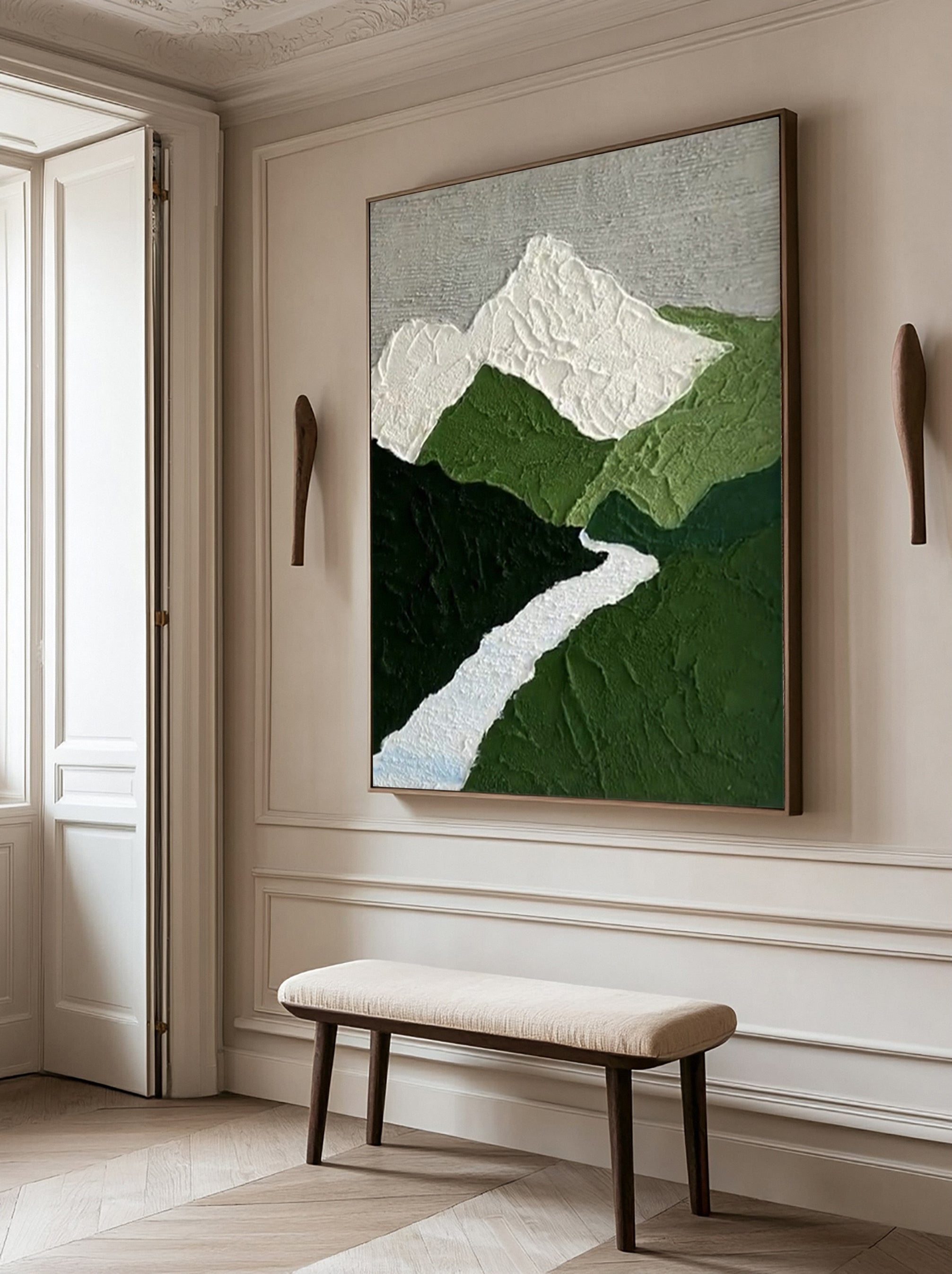 Textured Mountain River: Minimalist Landscape Art with Peaks #MM639