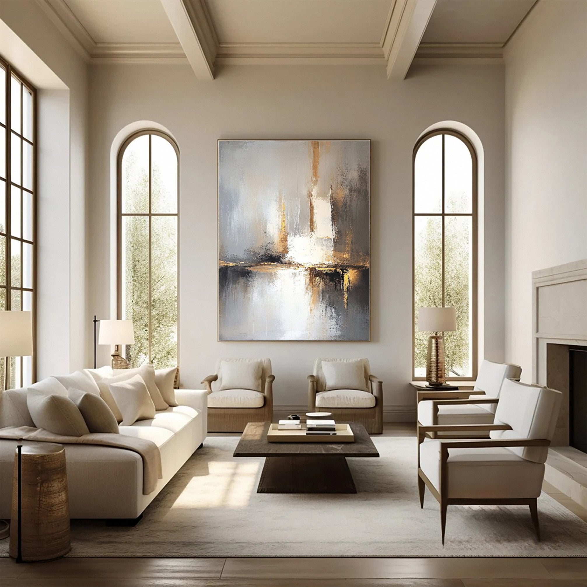 لوحة تجريدية أنيقة باللونين الذهبي والرمادي #AB054