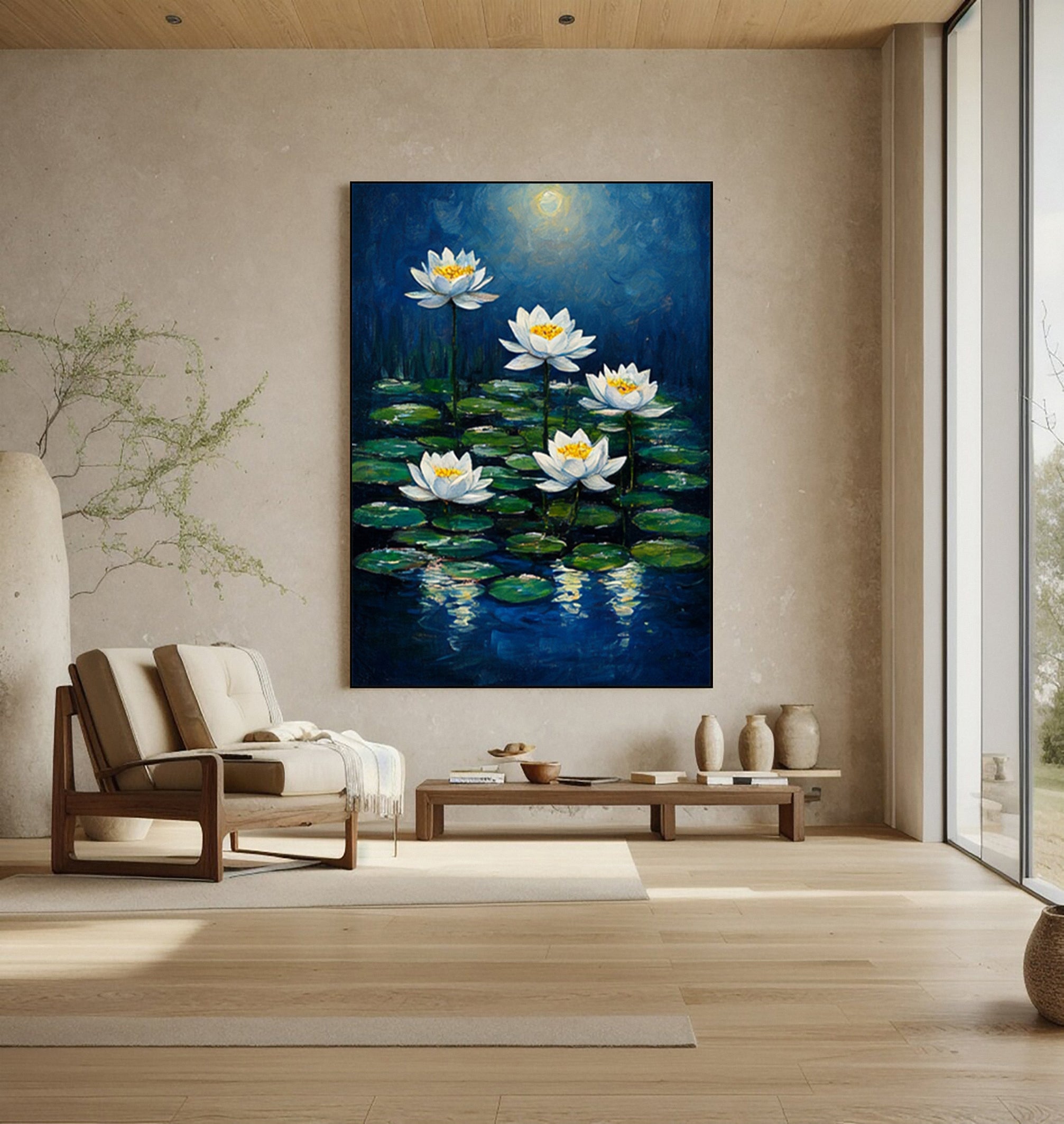 Moonlit Water Lilies: Serene Night Painting with Blooms on Pond #MM644