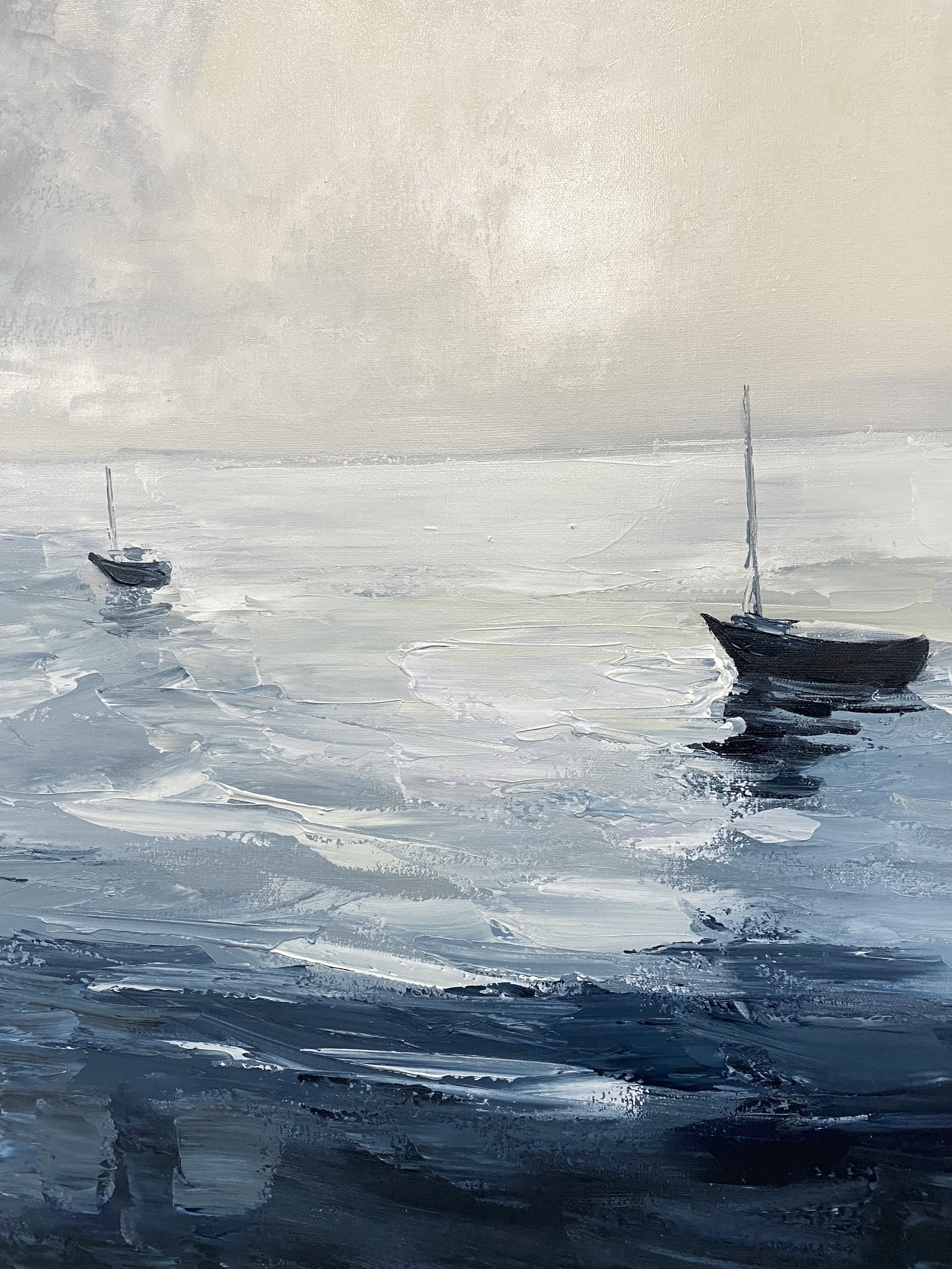 Still Waters, Distant Sails: Minimalist Marine Art with Two Boats #MM647