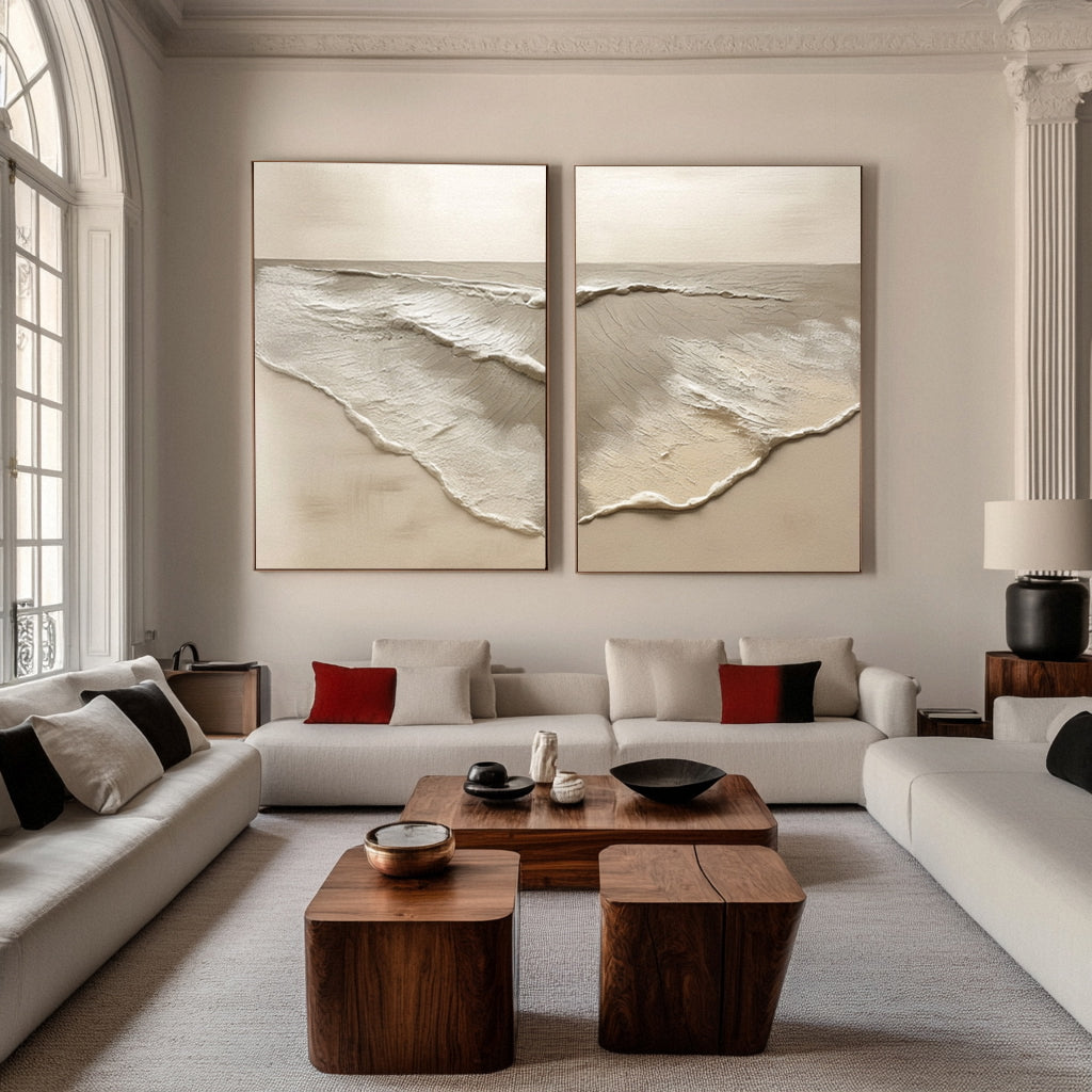 Minimalist Neutral Beach Diptych with Sculpted Water and Sand #MM584