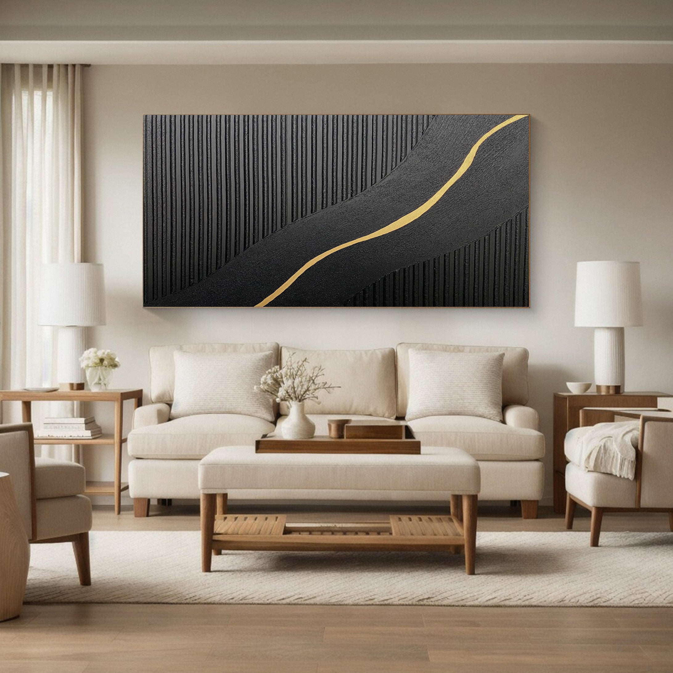 Diagonal Vein: Textured Black Abstract with Slanting Gold Inlay #MM592