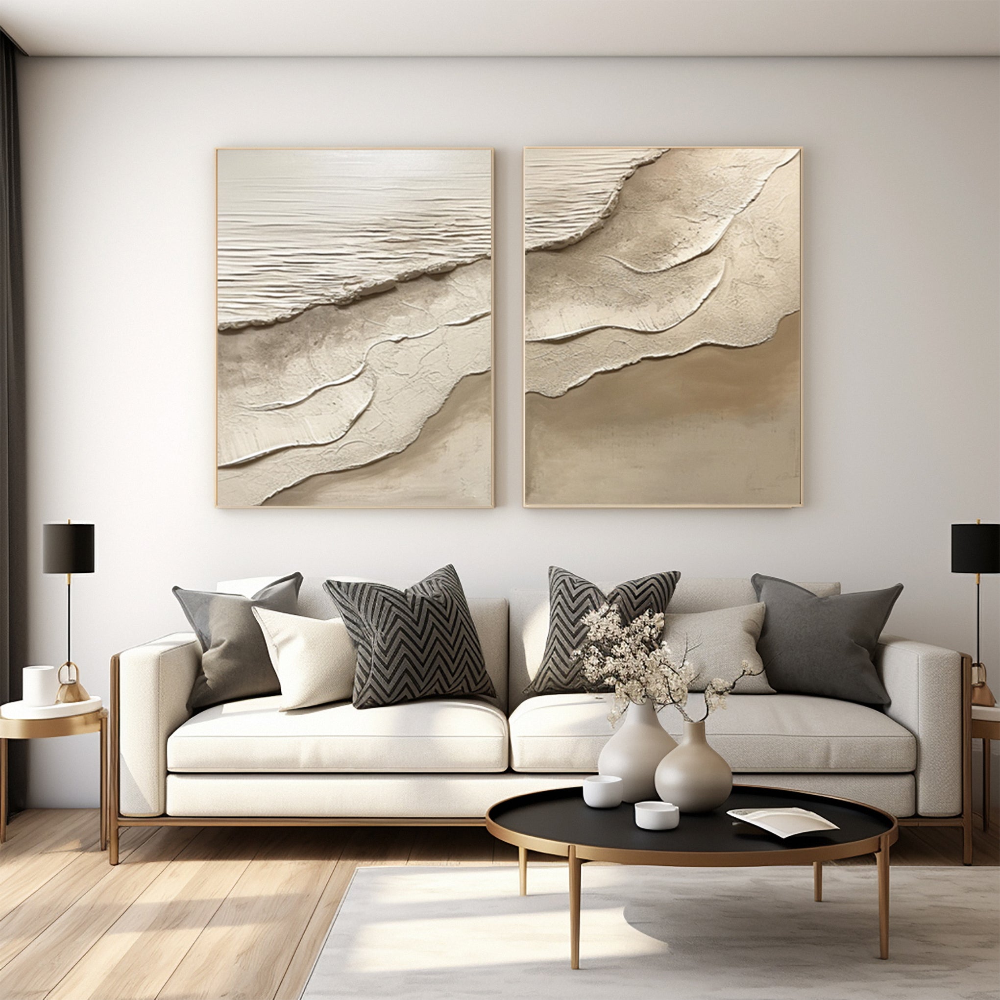 Sand & Tide: Modern Abstract Beach Pair in Neutral Impasto #MM581