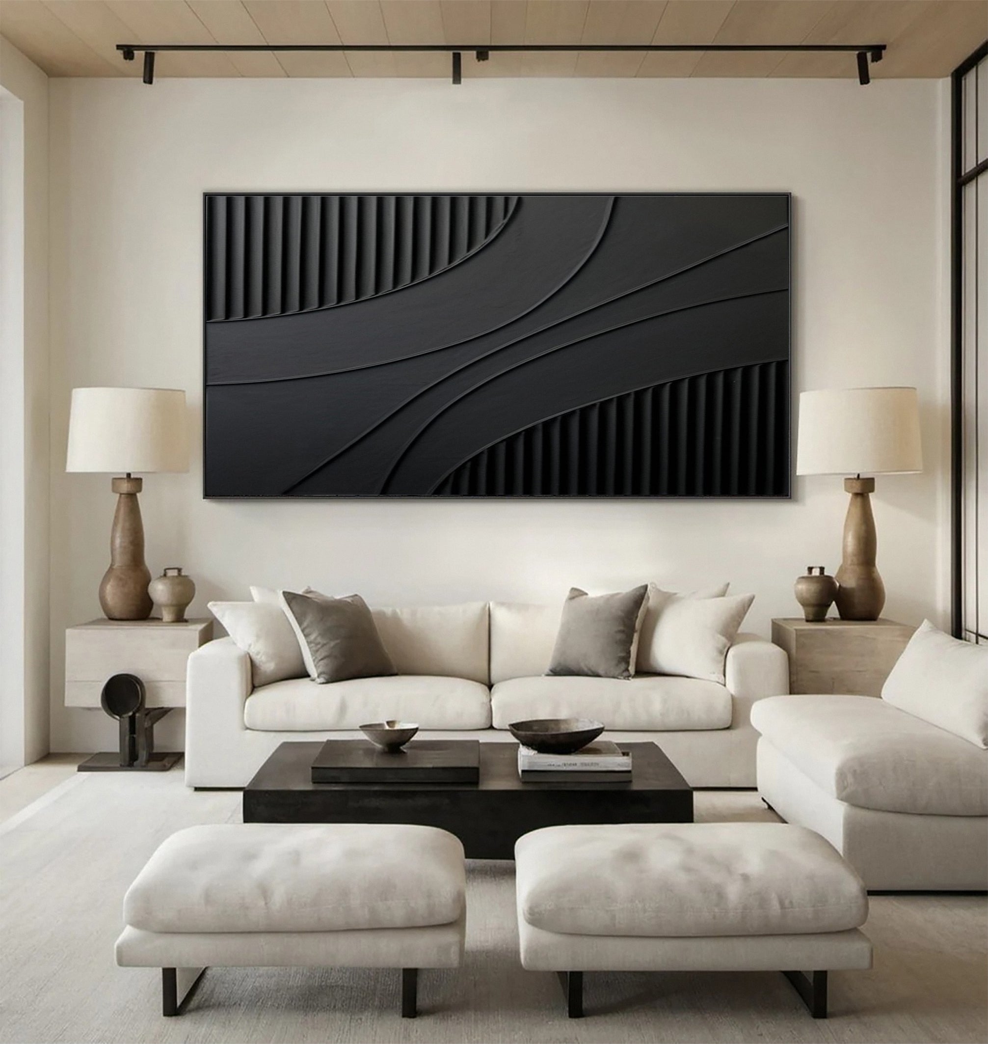 Deep Shadow Contours: Modern Black Art with Textured Bands #MM612