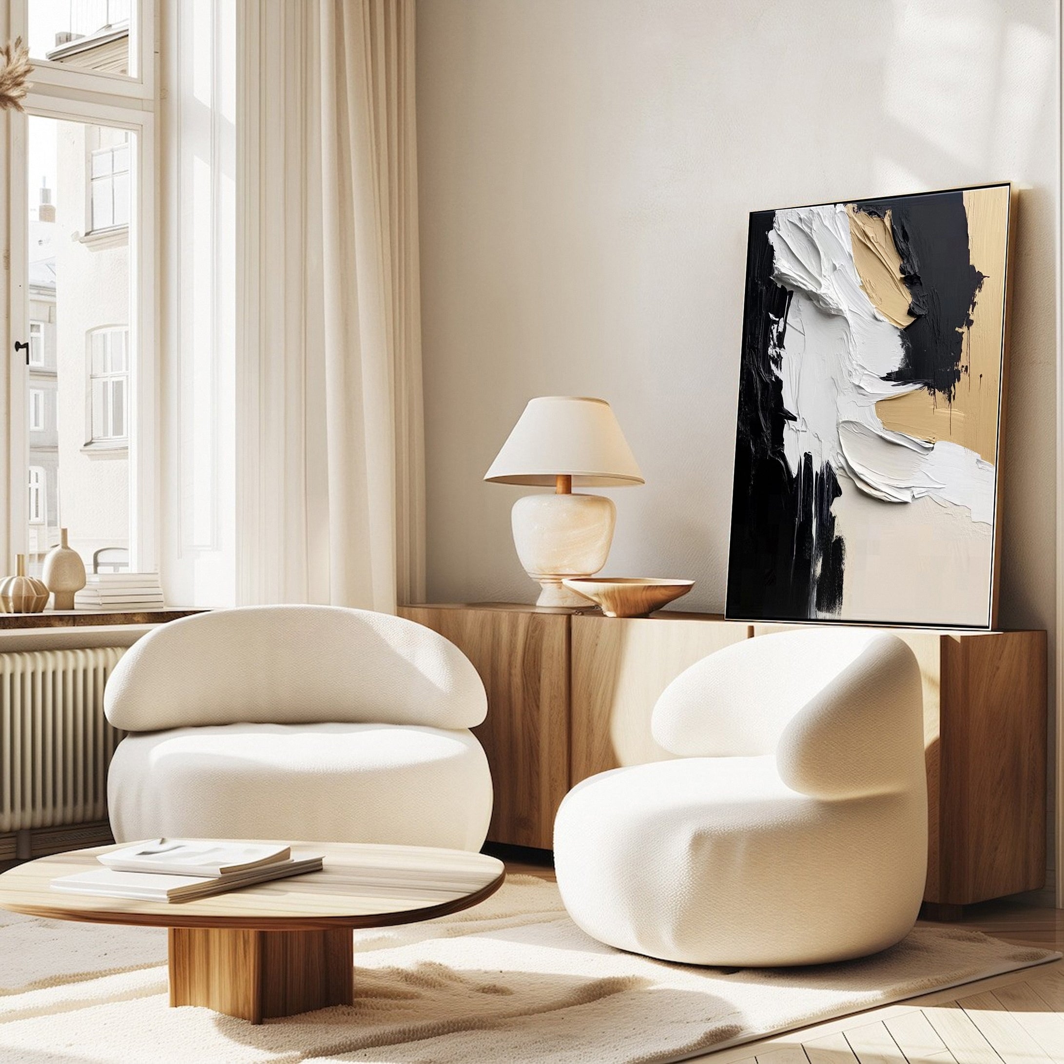 Modern Abstract Black & Beige Canvas Art Textured Elegance #MM134