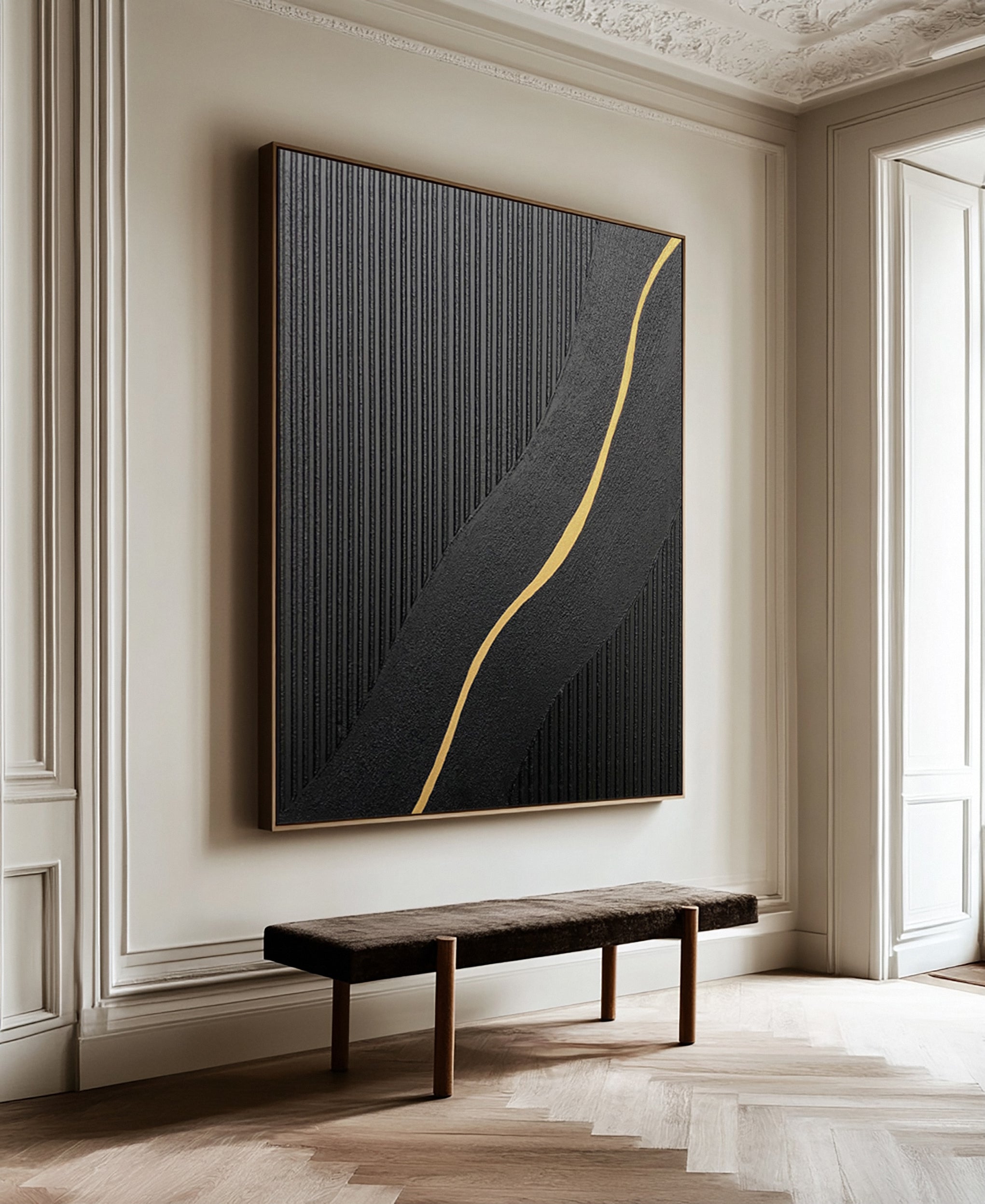 Modern Abstract with Textured Black and Luminous Gold Curve #MM591