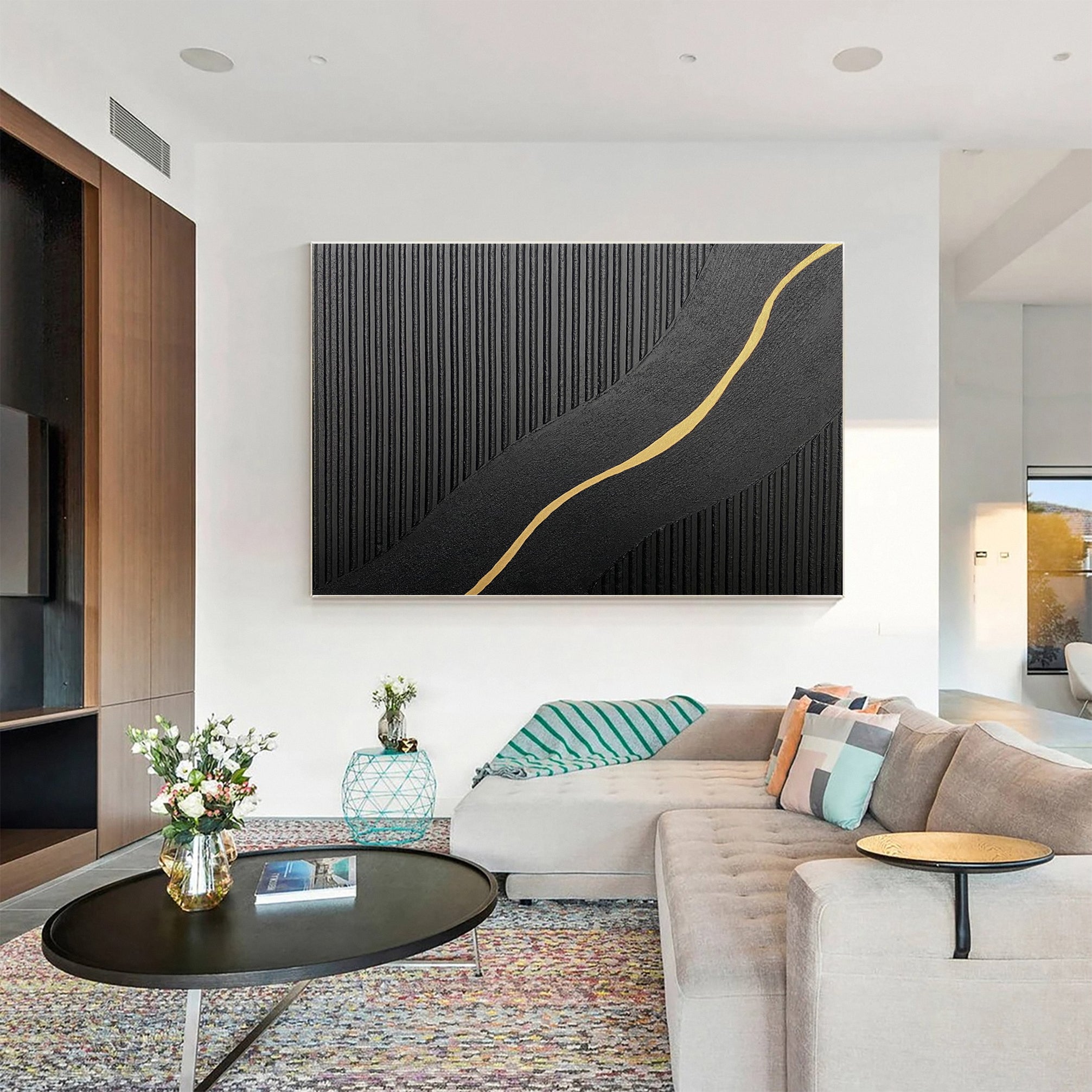 Diagonal Vein: Textured Black Abstract with Slanting Gold Inlay #MM592