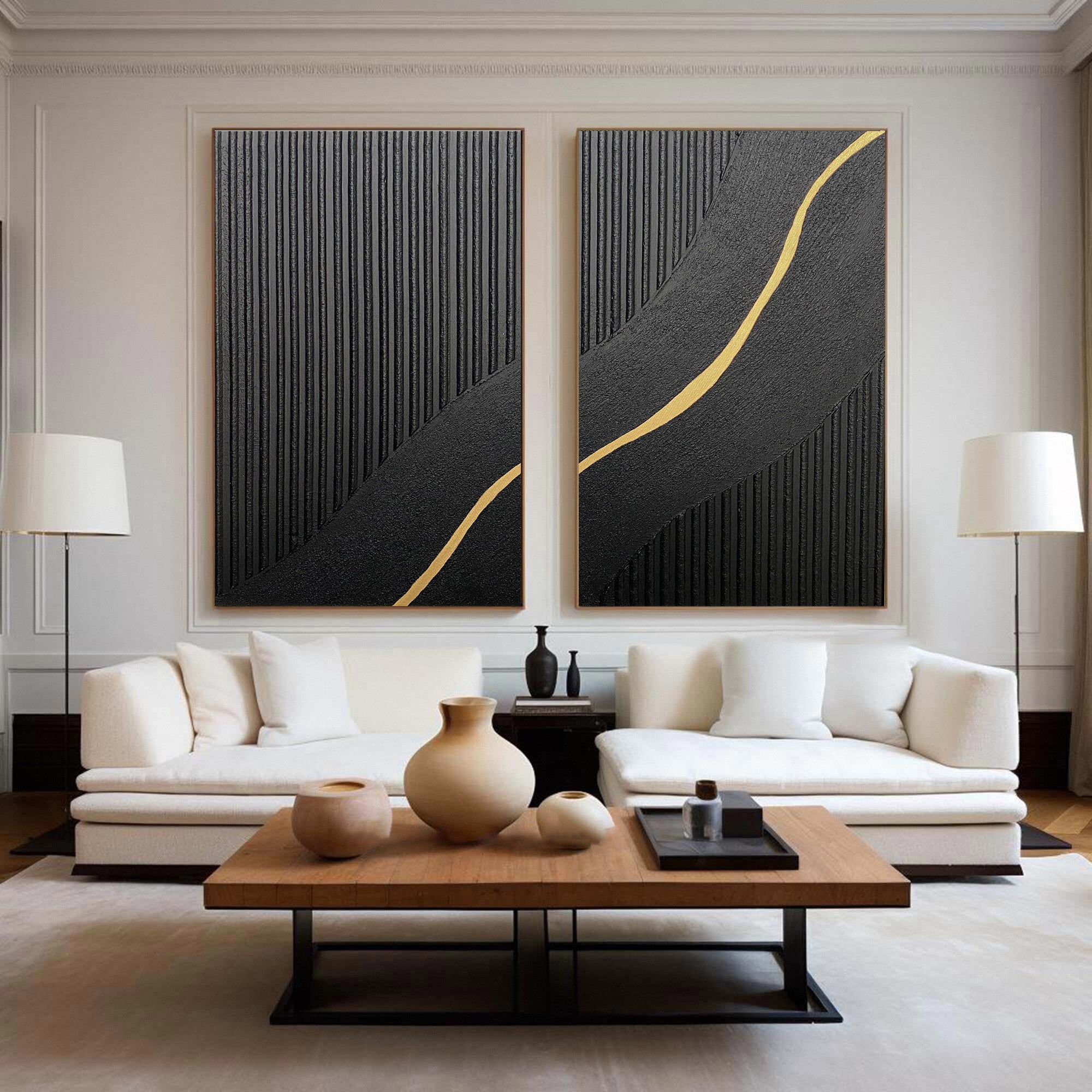 Contemporary Black Impasto Diptych with a Vein of Gold Unfolding #MM593