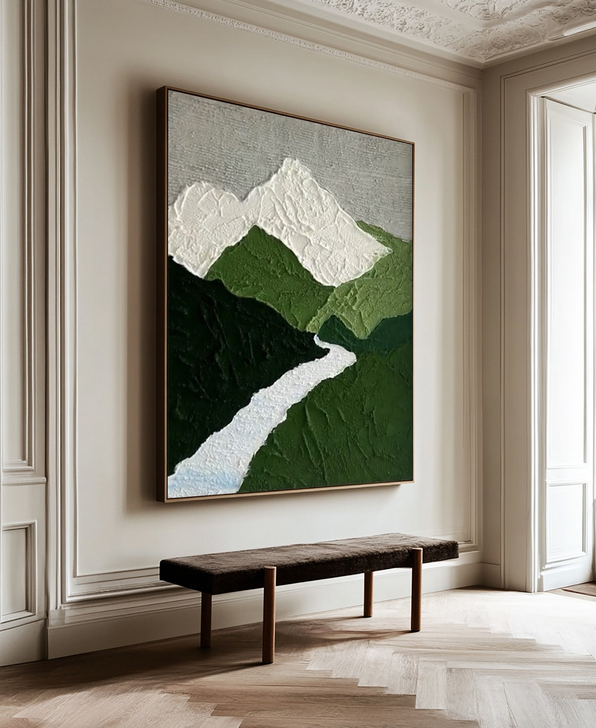 Textured Mountain River: Minimalist Landscape Art with Peaks #MM639
