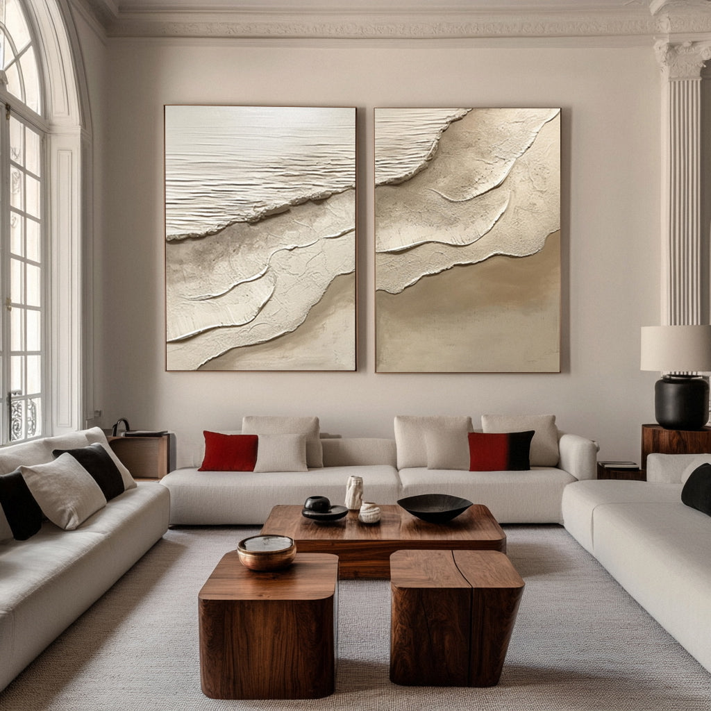 Sand & Tide: Modern Abstract Beach Pair in Neutral Impasto #MM581