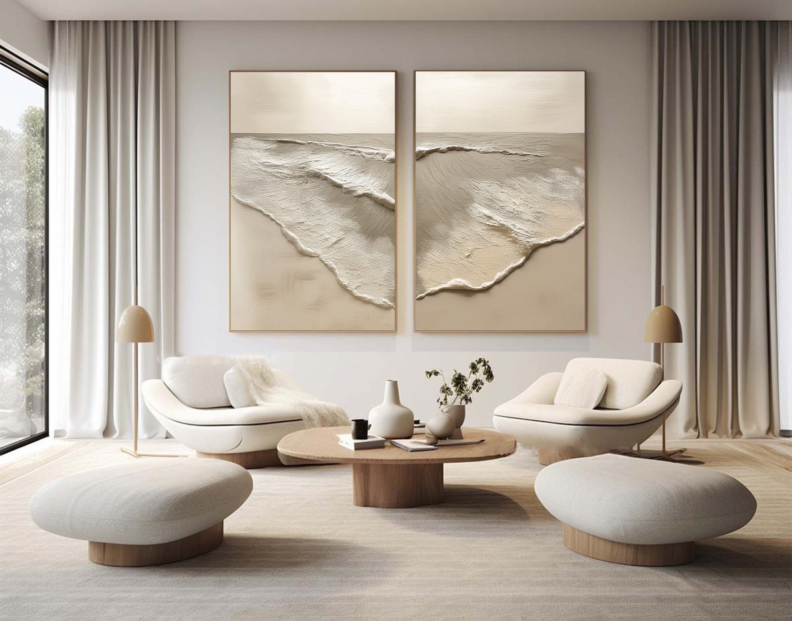Minimalist Neutral Beach Diptych with Sculpted Water and Sand #MM584
