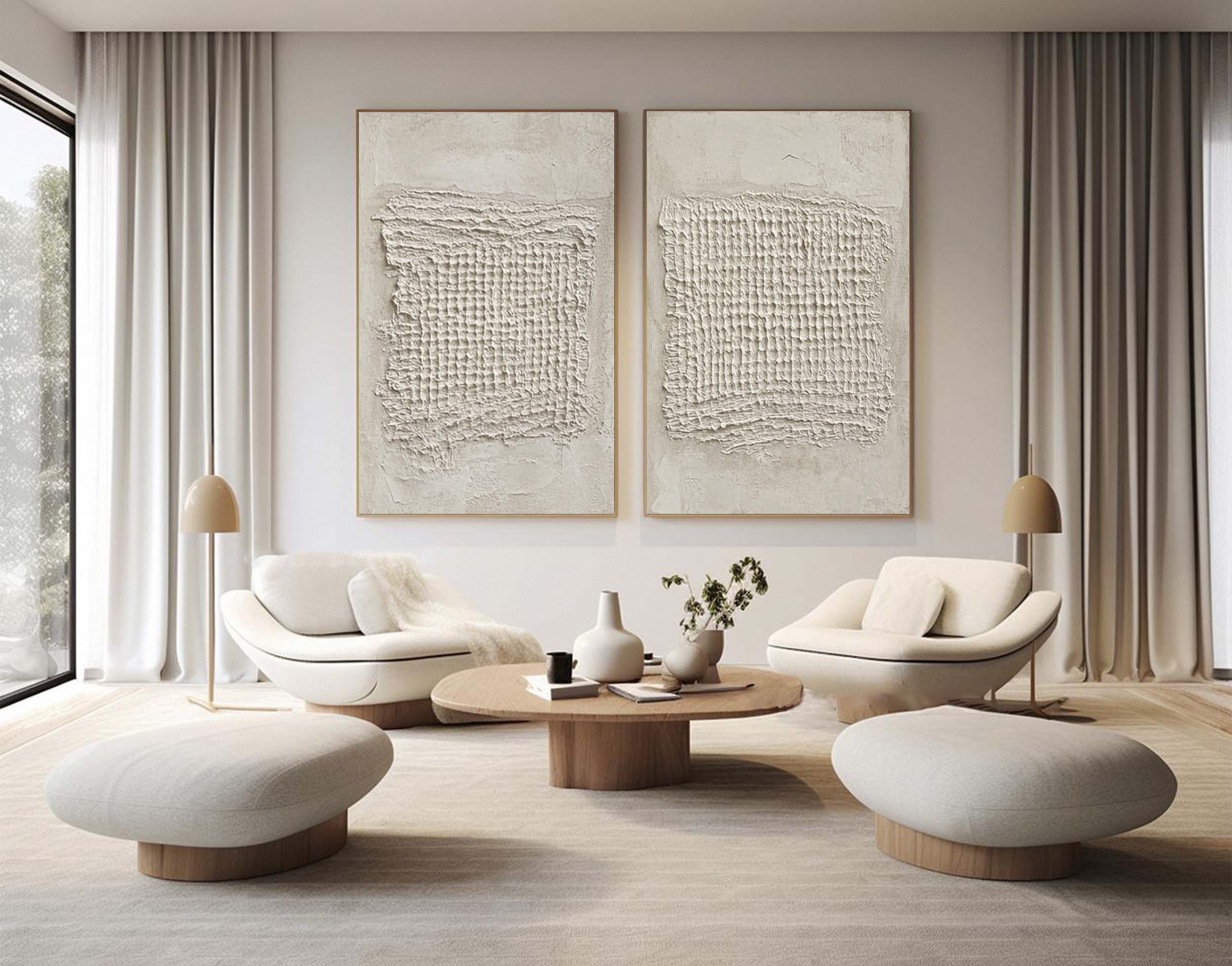 Sculpted Neutral Grid Diptych: Minimalist with Central Textures #MM603