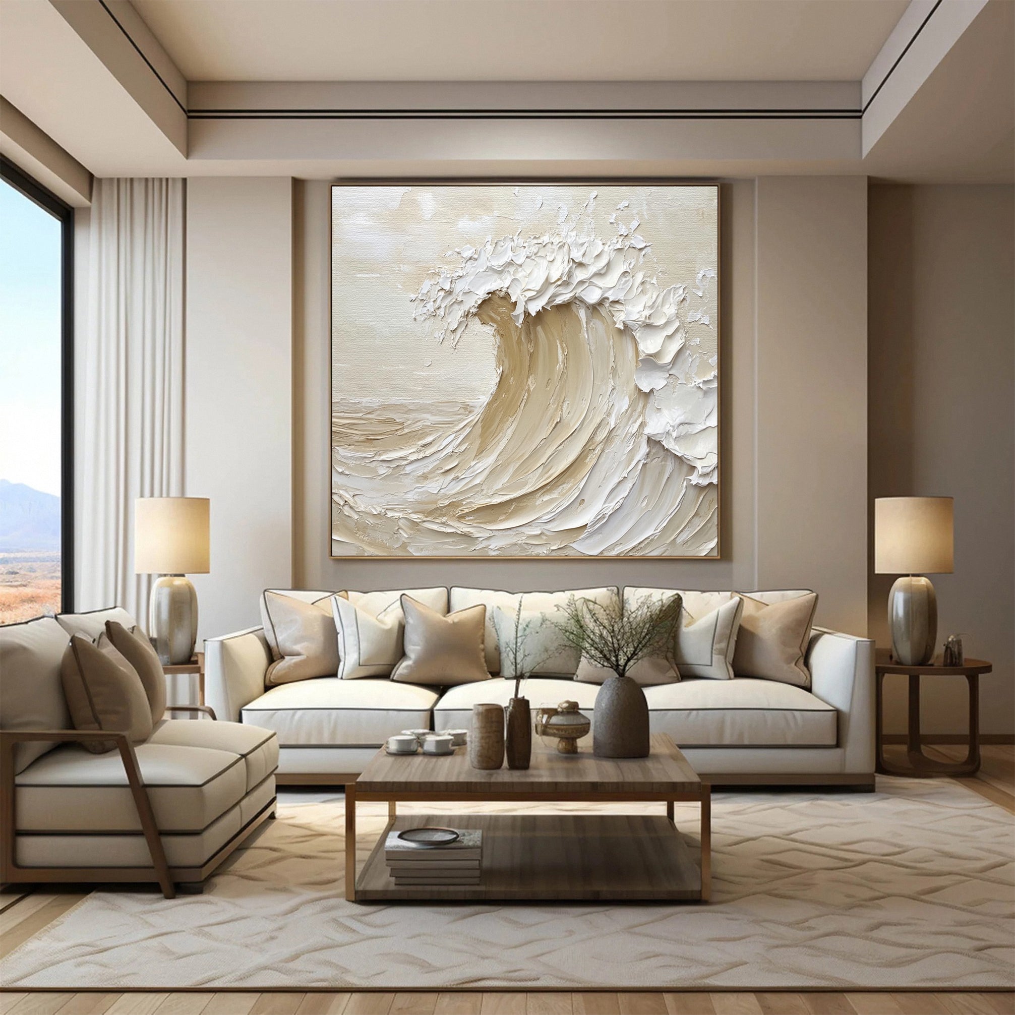 Handcrafted Neutral Wave Art Textured Coastal Canvas #OP046