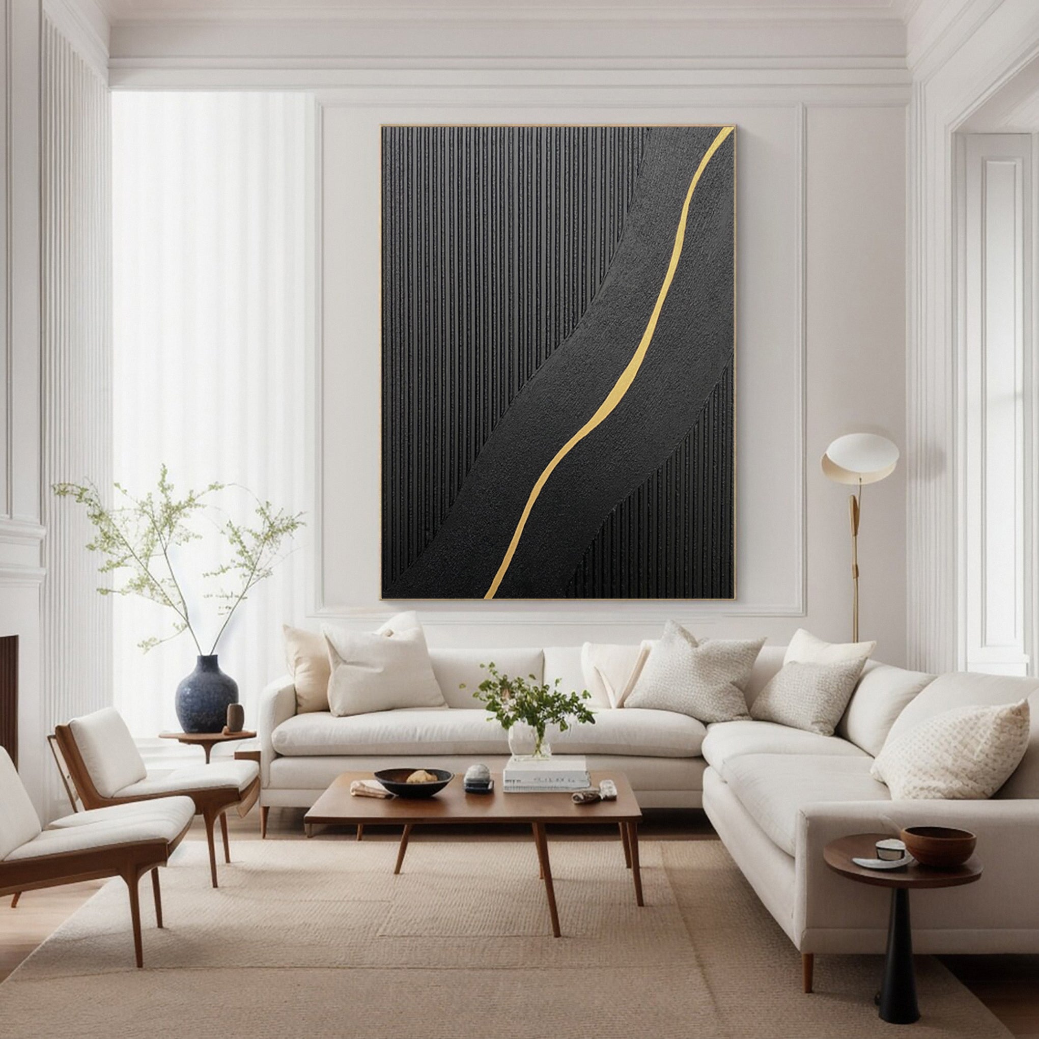 Modern Abstract with Textured Black and Luminous Gold Curve #MM591