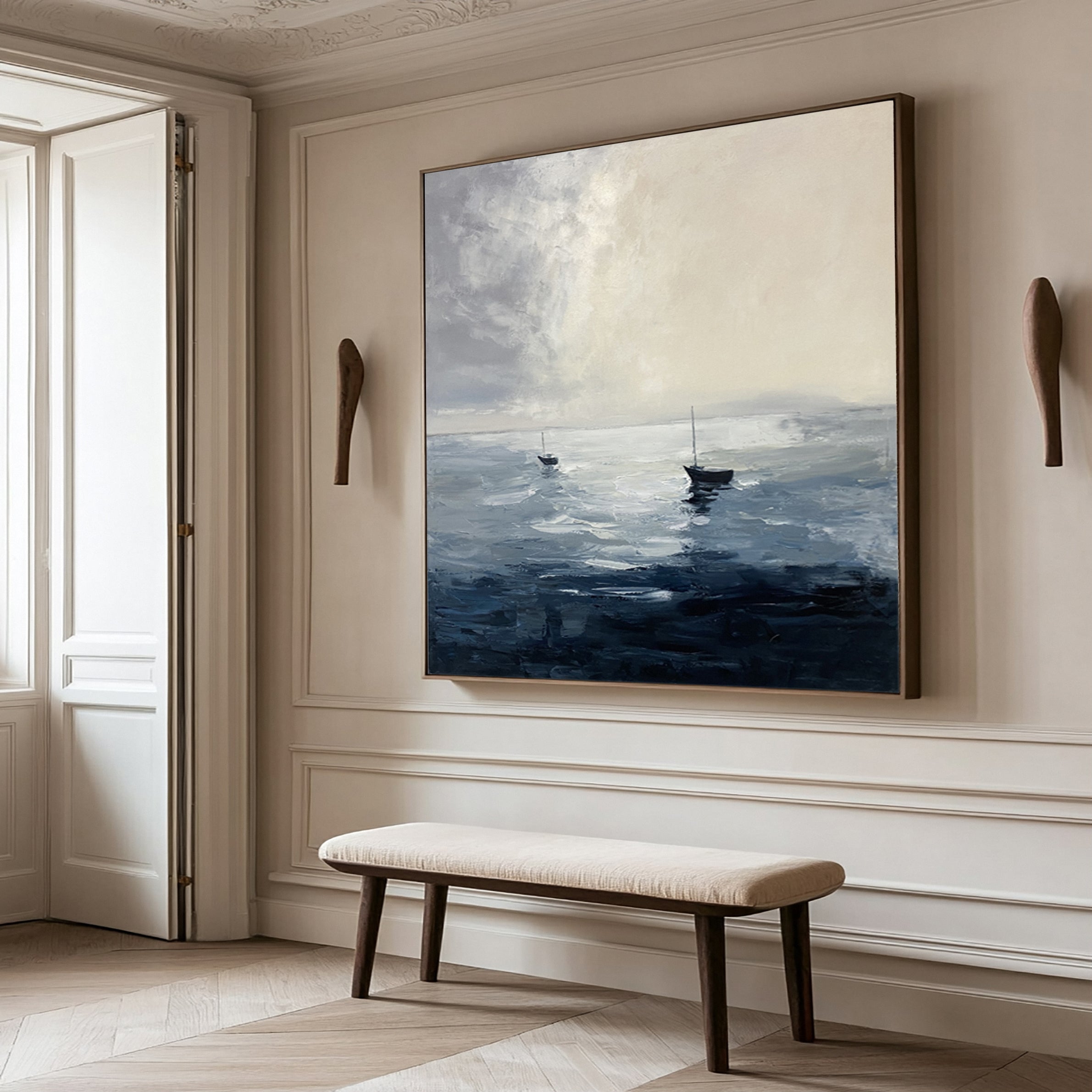Still Waters, Distant Sails: Minimalist Marine Art with Two Boats #MM647
