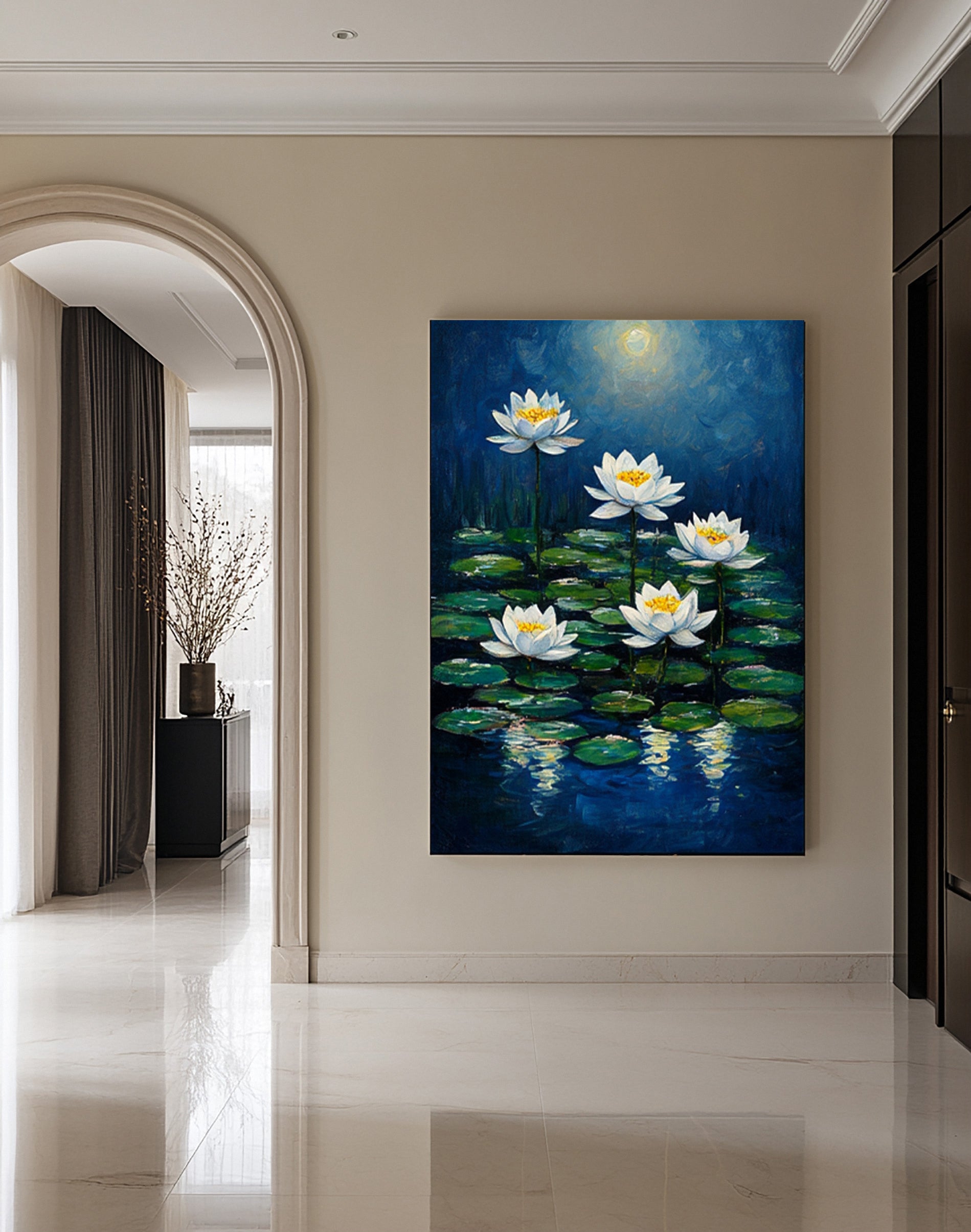 Moonlit Water Lilies: Serene Night Painting with Blooms on Pond #MM644