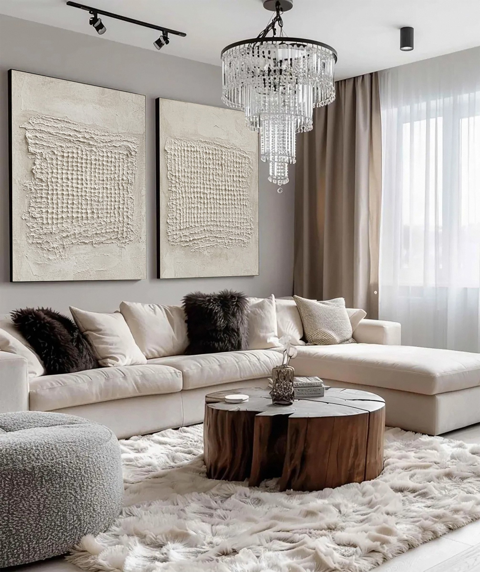 Sculpted Neutral Grid Diptych: Minimalist with Central Textures #MM603
