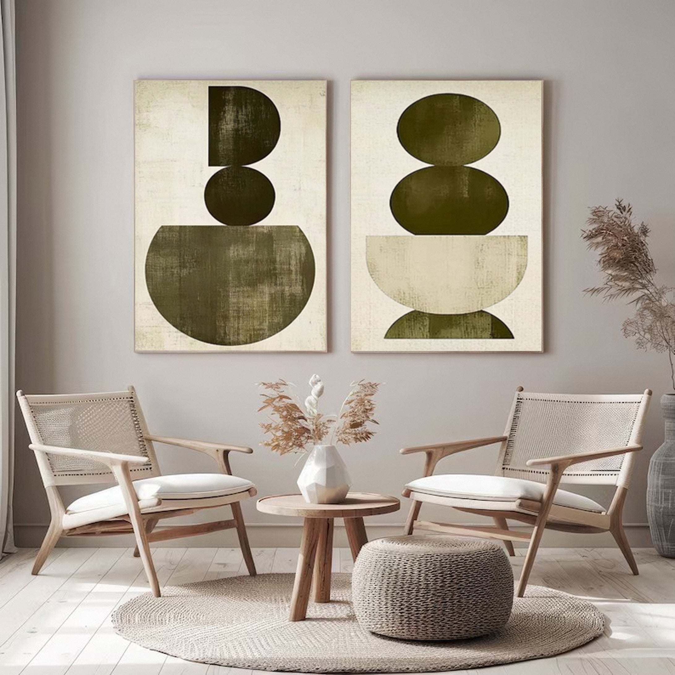 Modern Geometric Diptych Olive Green and Beige Canvas Art #MMS058
