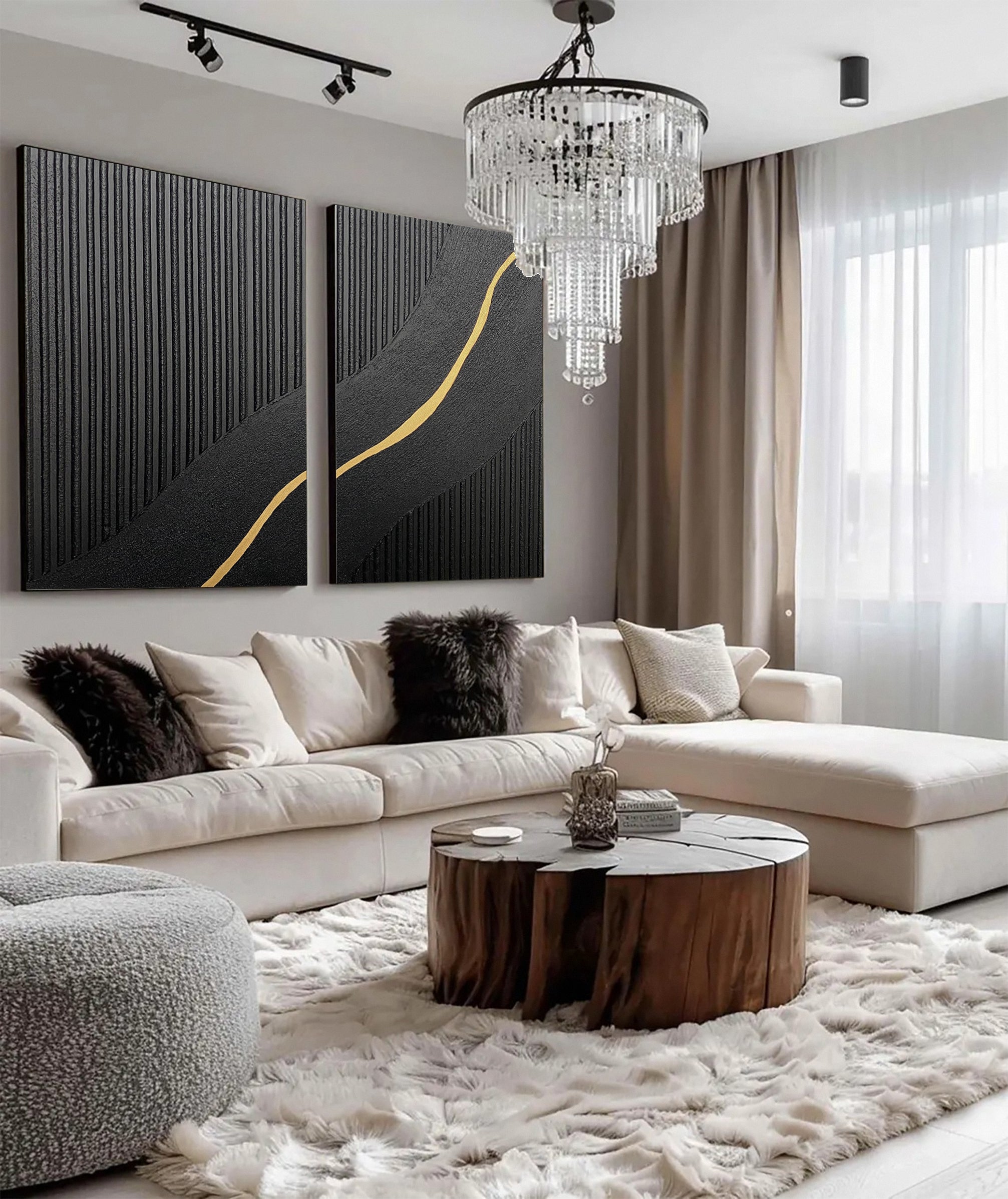 Contemporary Black Impasto Diptych with a Vein of Gold Unfolding #MM593
