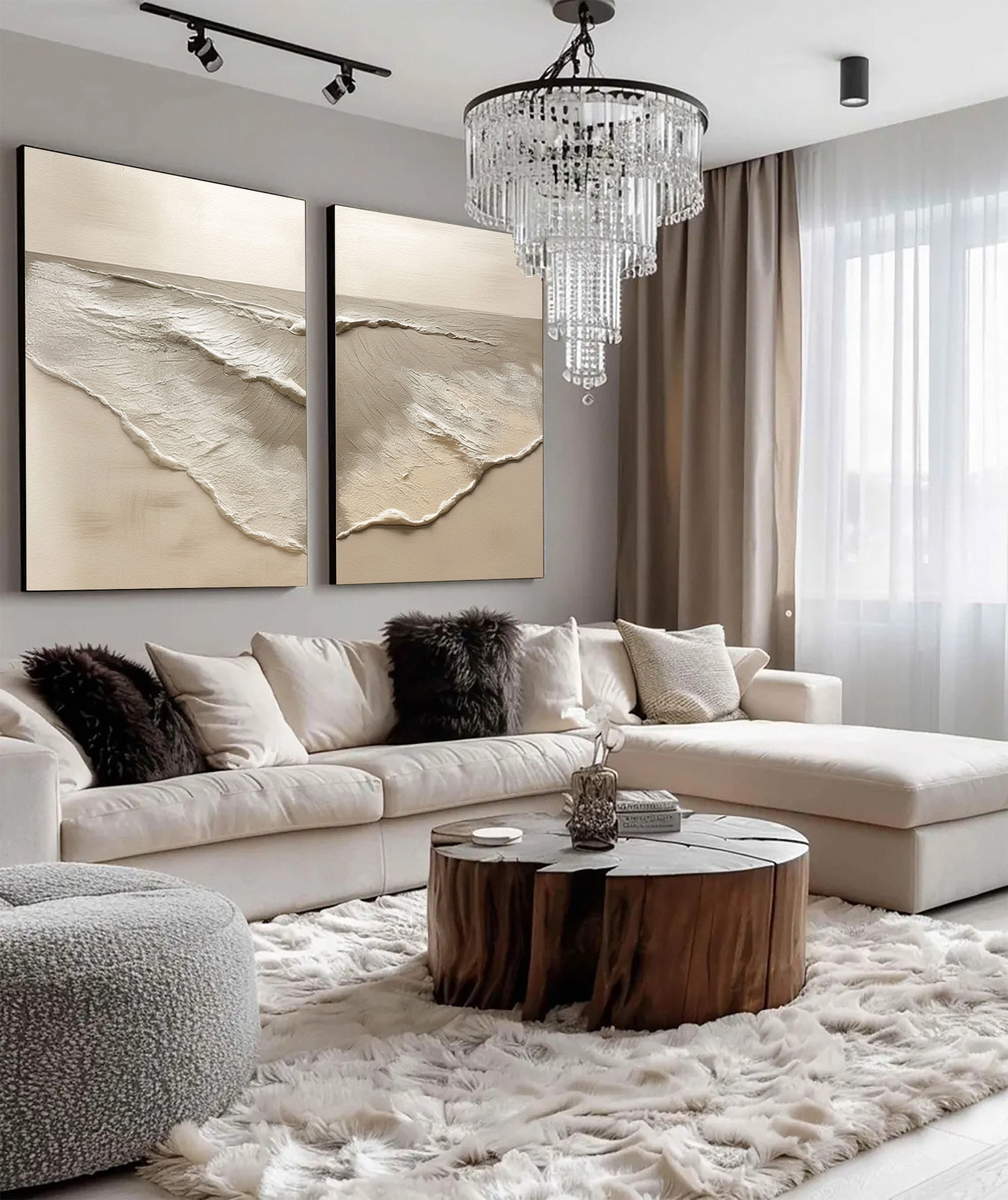 Minimalist Neutral Beach Diptych with Sculpted Water and Sand #MM584
