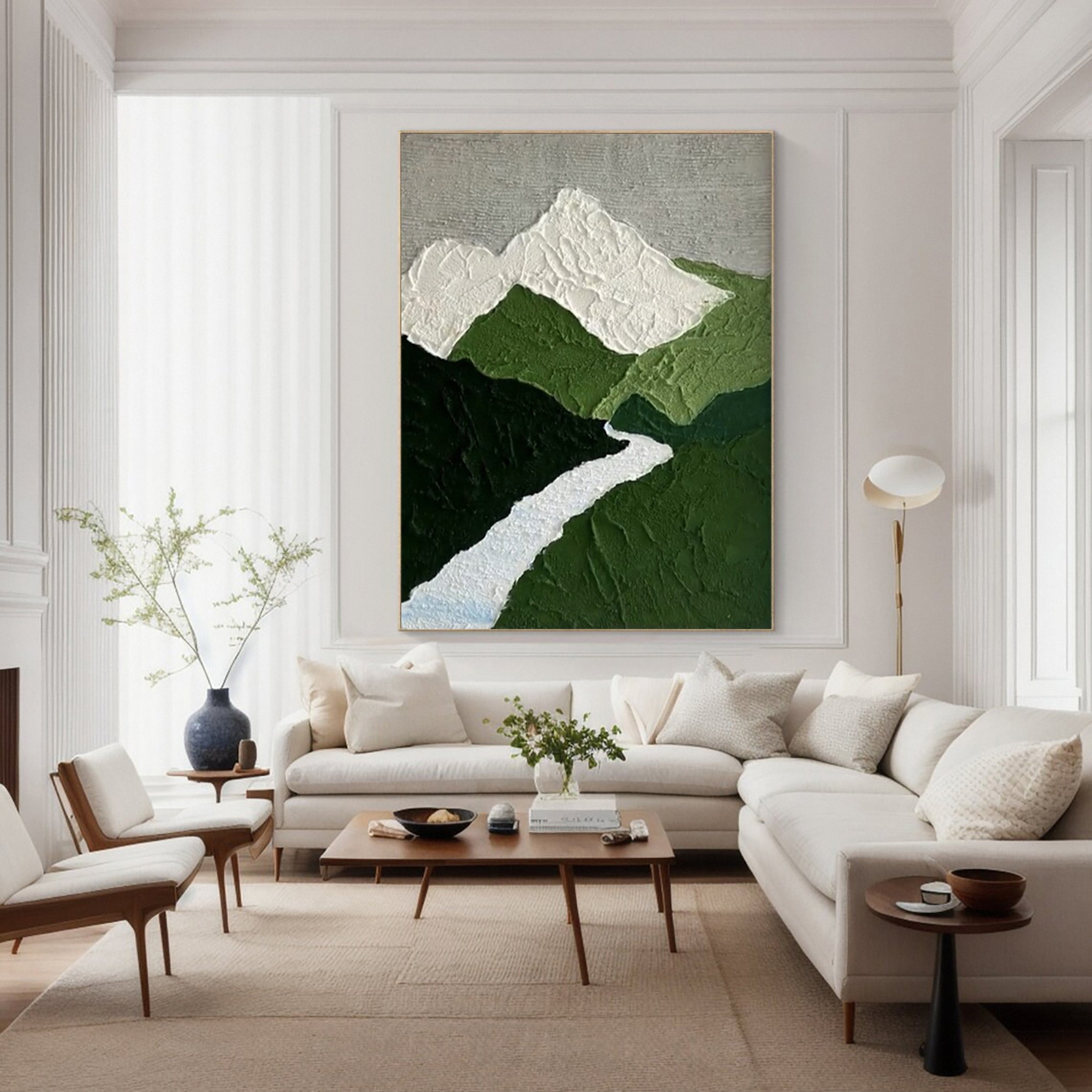 Textured Mountain River: Minimalist Landscape Art with Peaks #MM639