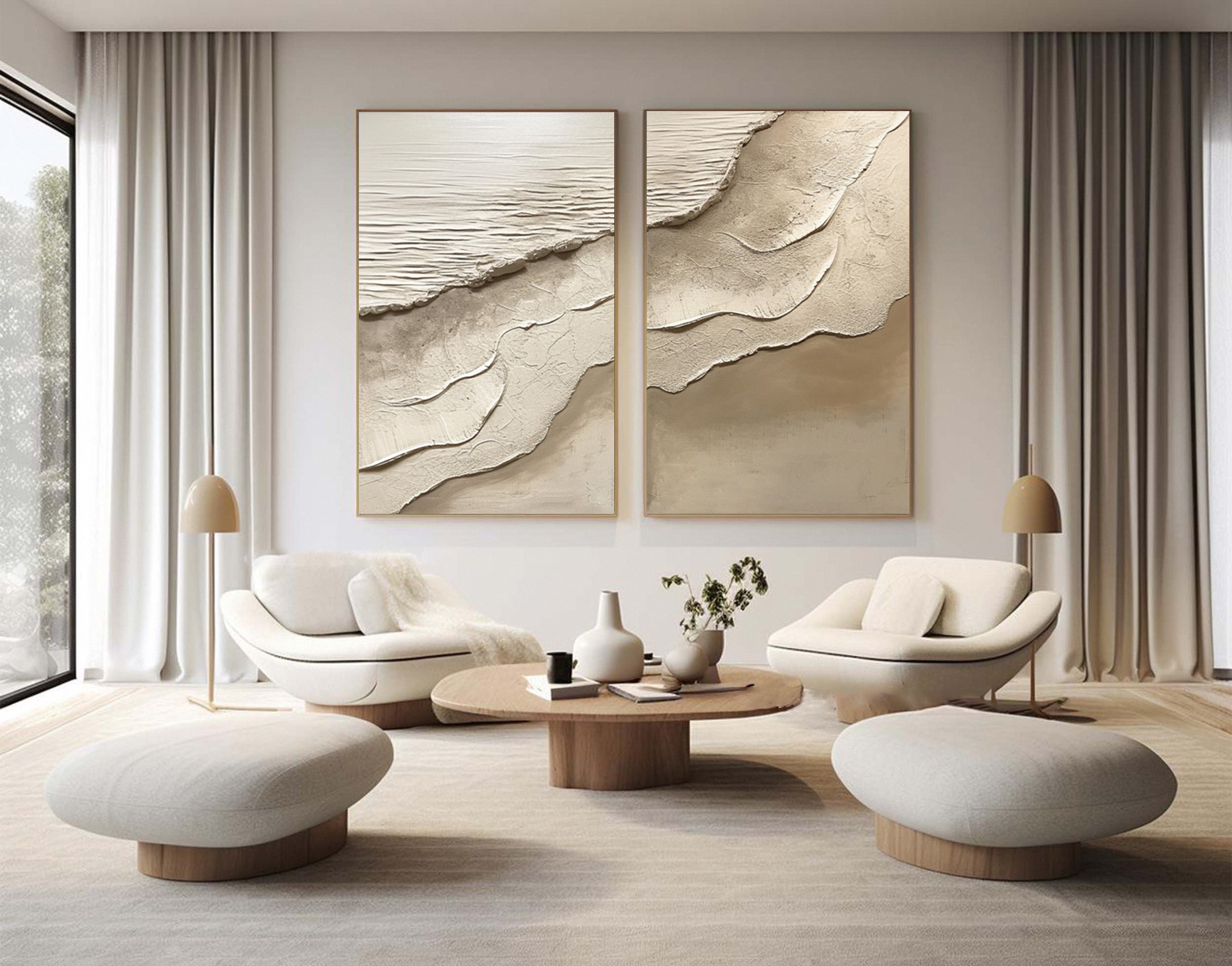 Sand & Tide: Modern Abstract Beach Pair in Neutral Impasto #MM581