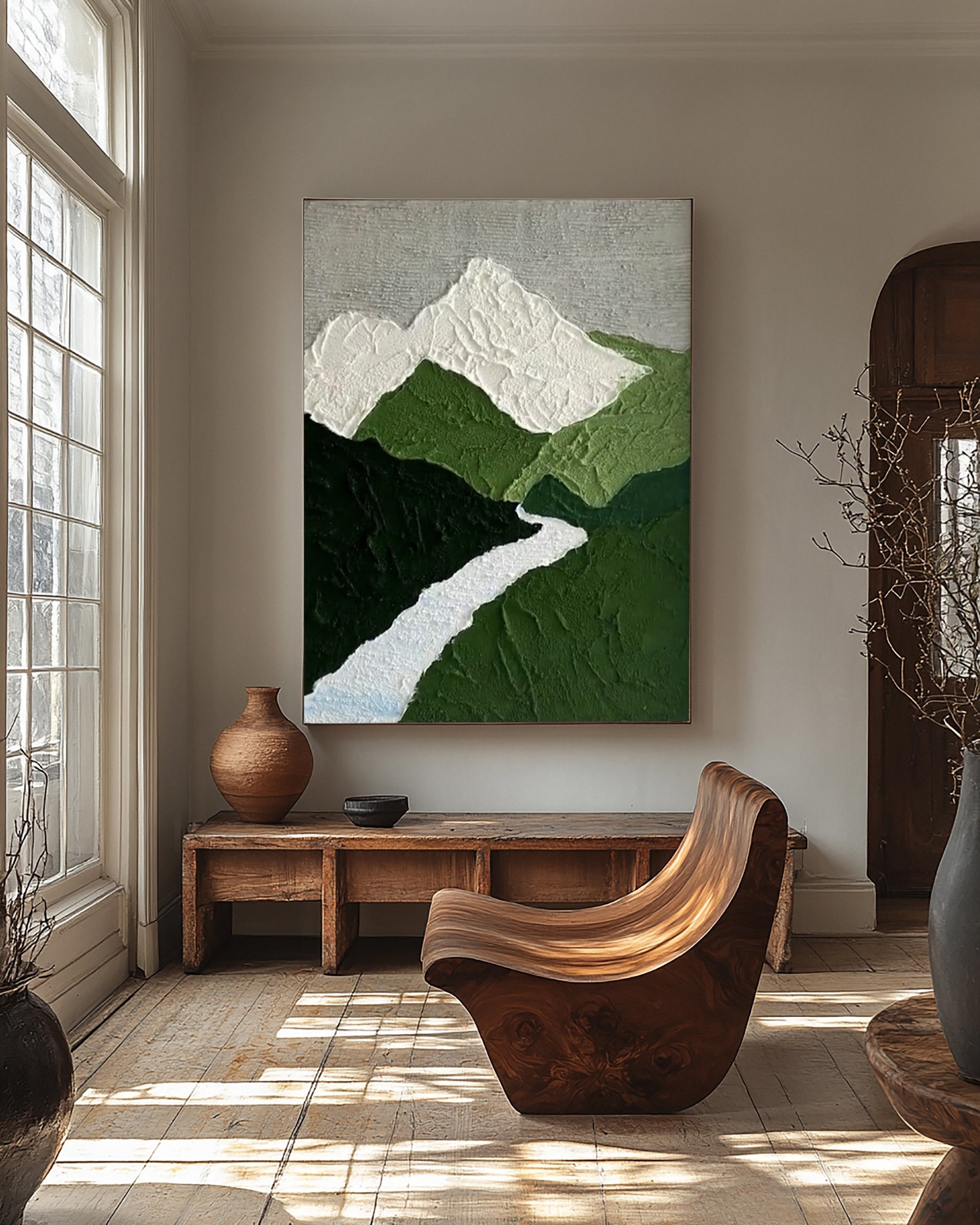 Textured Mountain River: Minimalist Landscape Art with Peaks #MM639