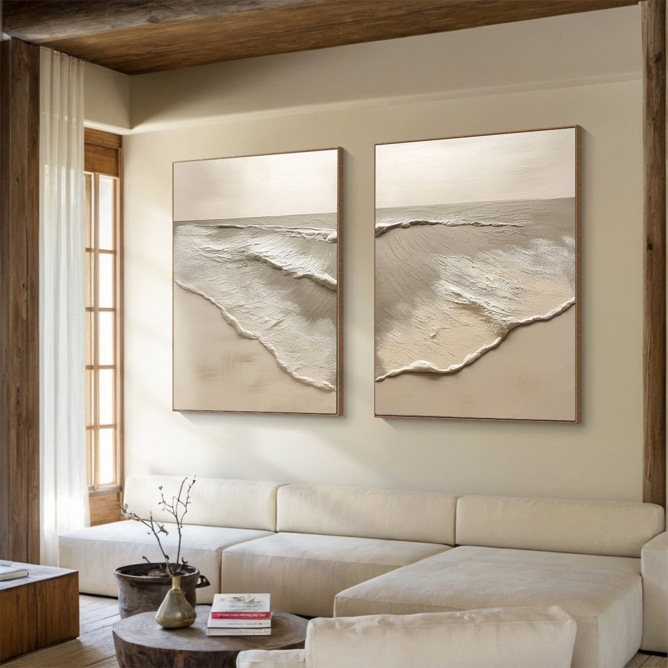 Minimalist Neutral Beach Diptych with Sculpted Water and Sand #MM584