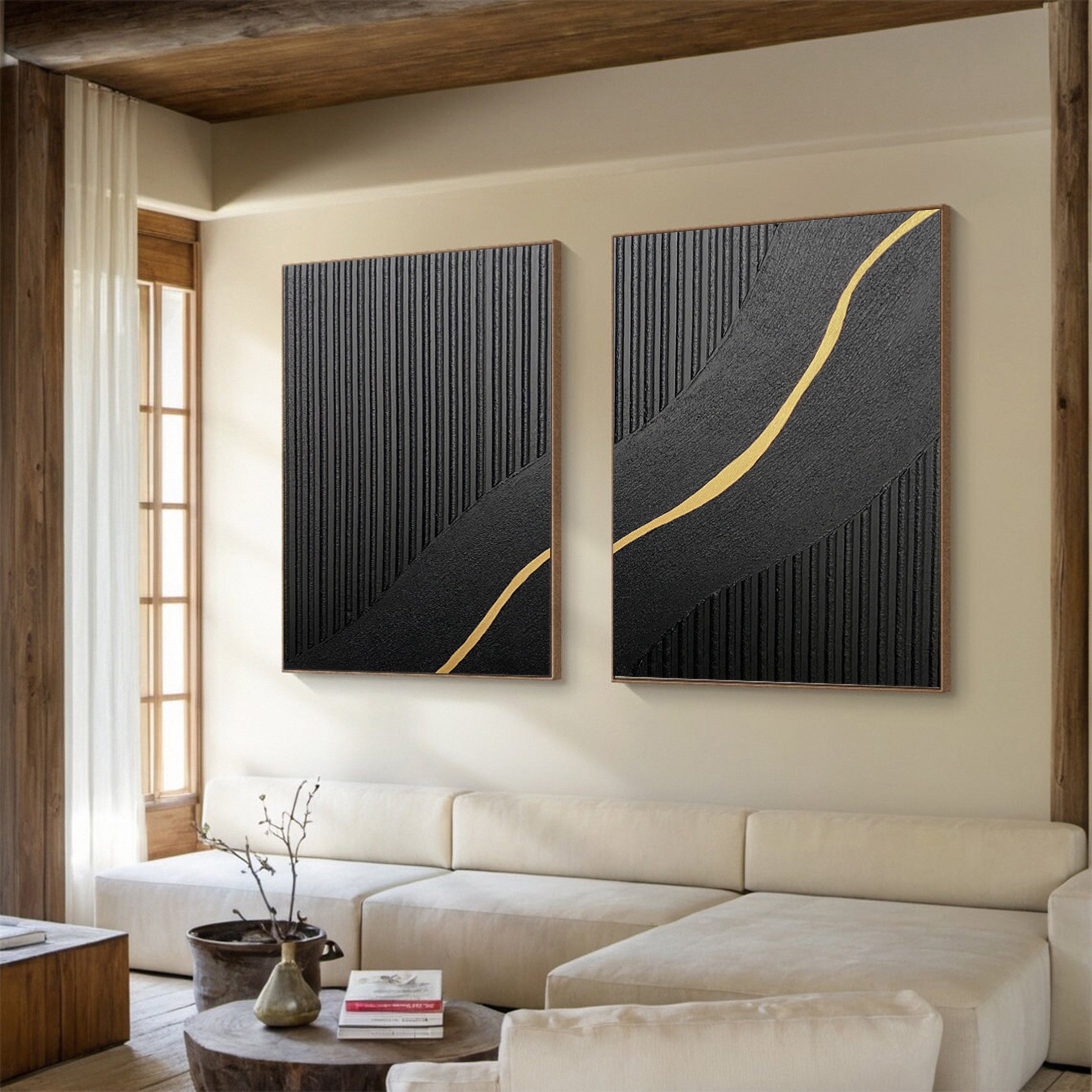 Contemporary Black Impasto Diptych with a Vein of Gold Unfolding #MM593