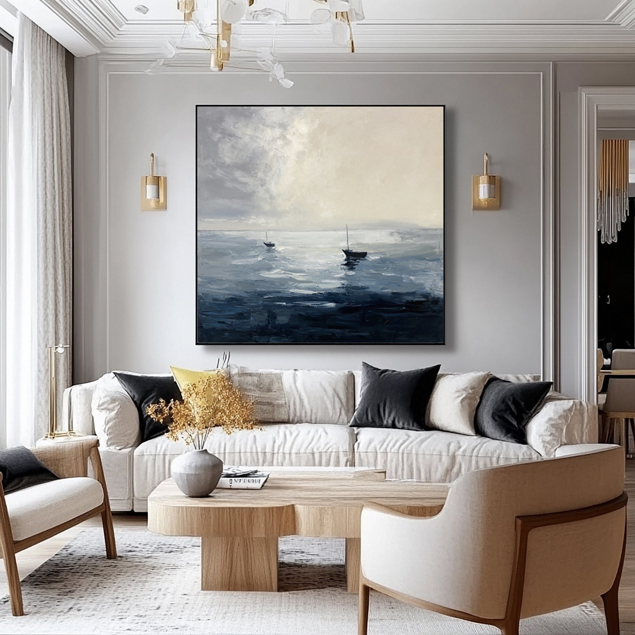 Still Waters, Distant Sails: Minimalist Marine Art with Two Boats #MM647