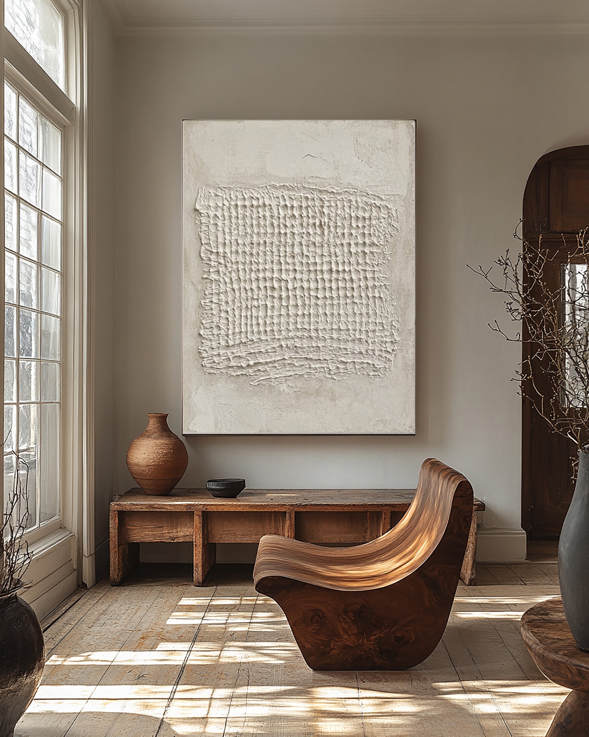 Sculpted Neutral Grid: Minimalist Abstract with Central Texture #MM600