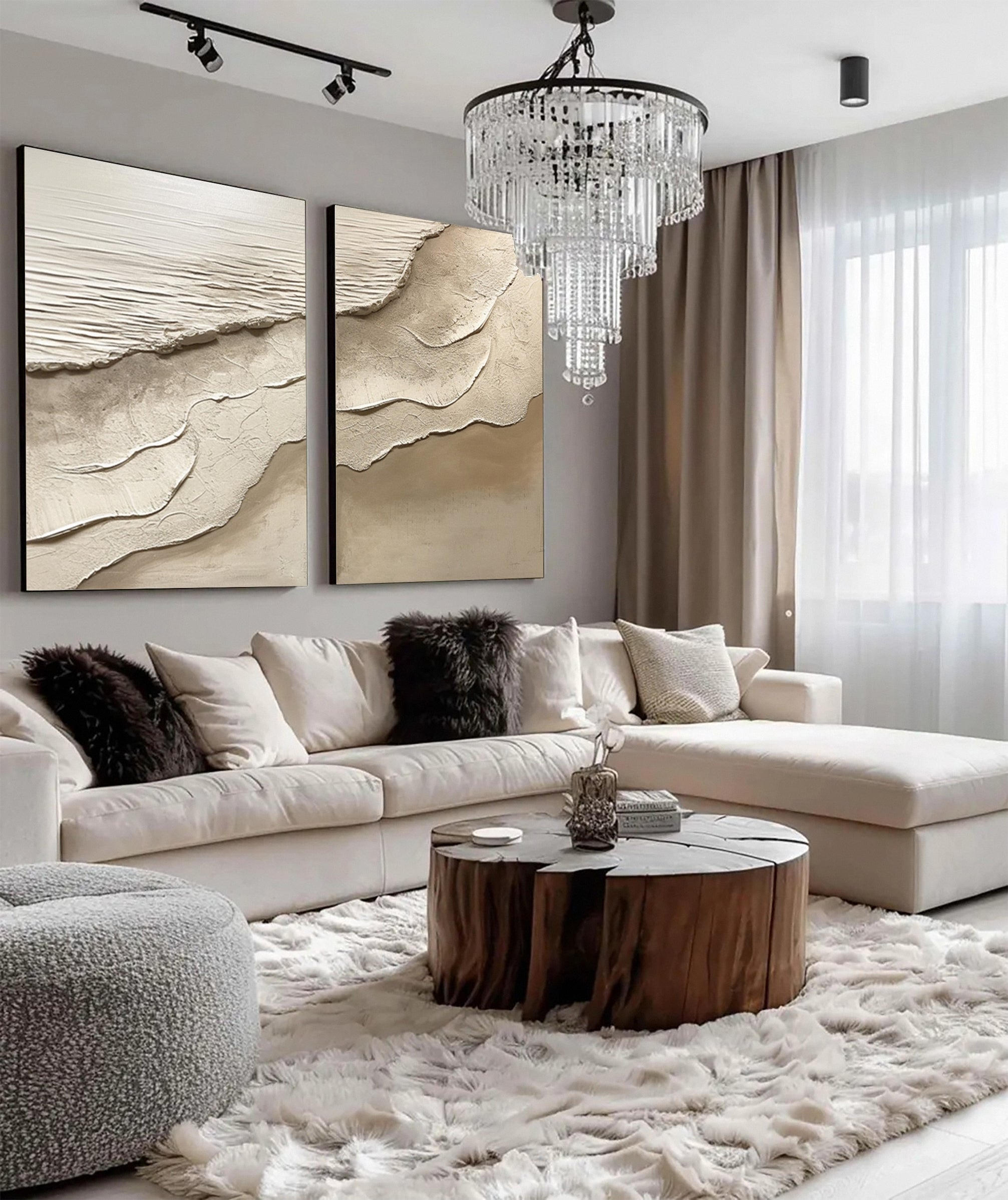Sand & Tide: Modern Abstract Beach Pair in Neutral Impasto #MM581