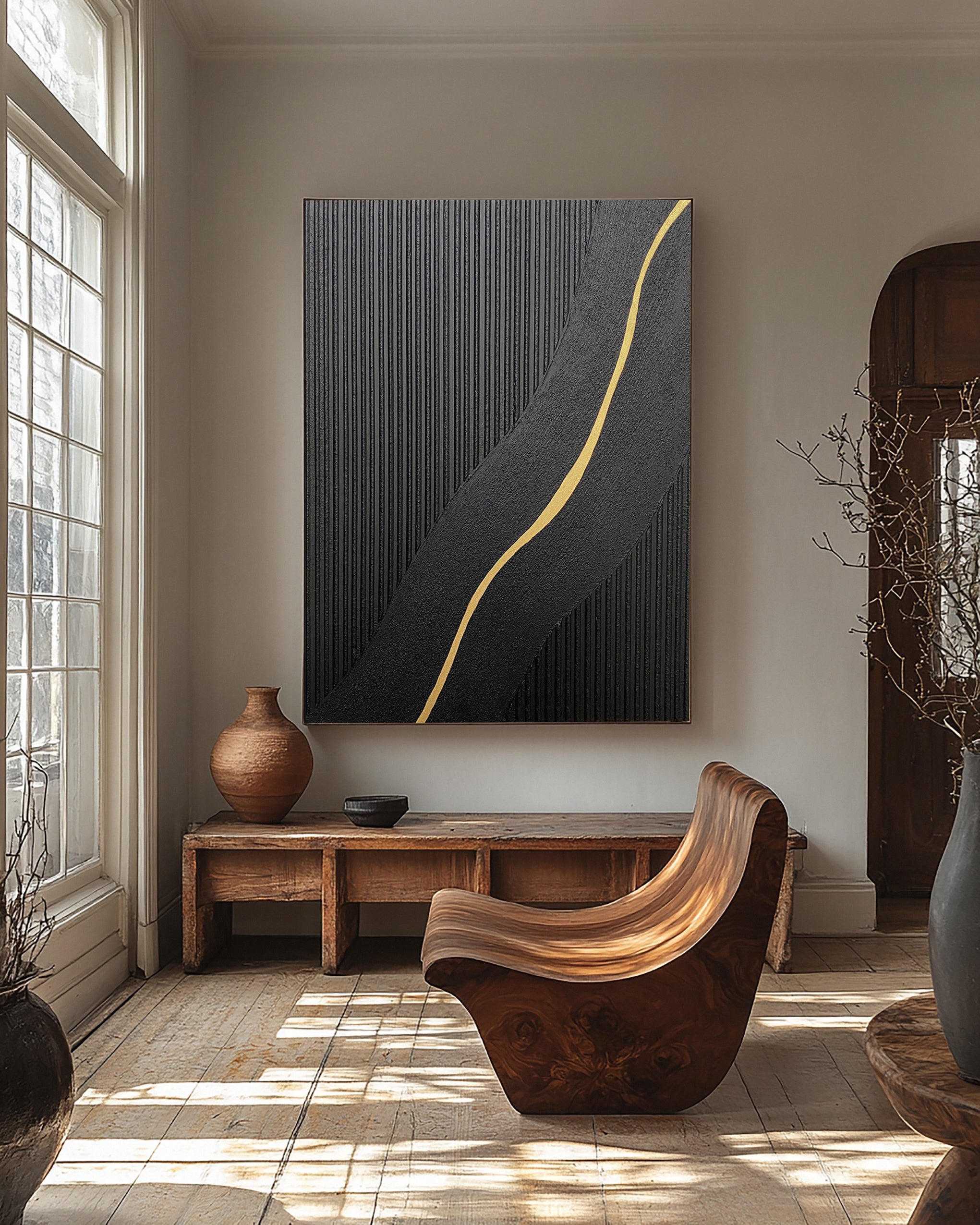 Modern Abstract with Textured Black and Luminous Gold Curve #MM591