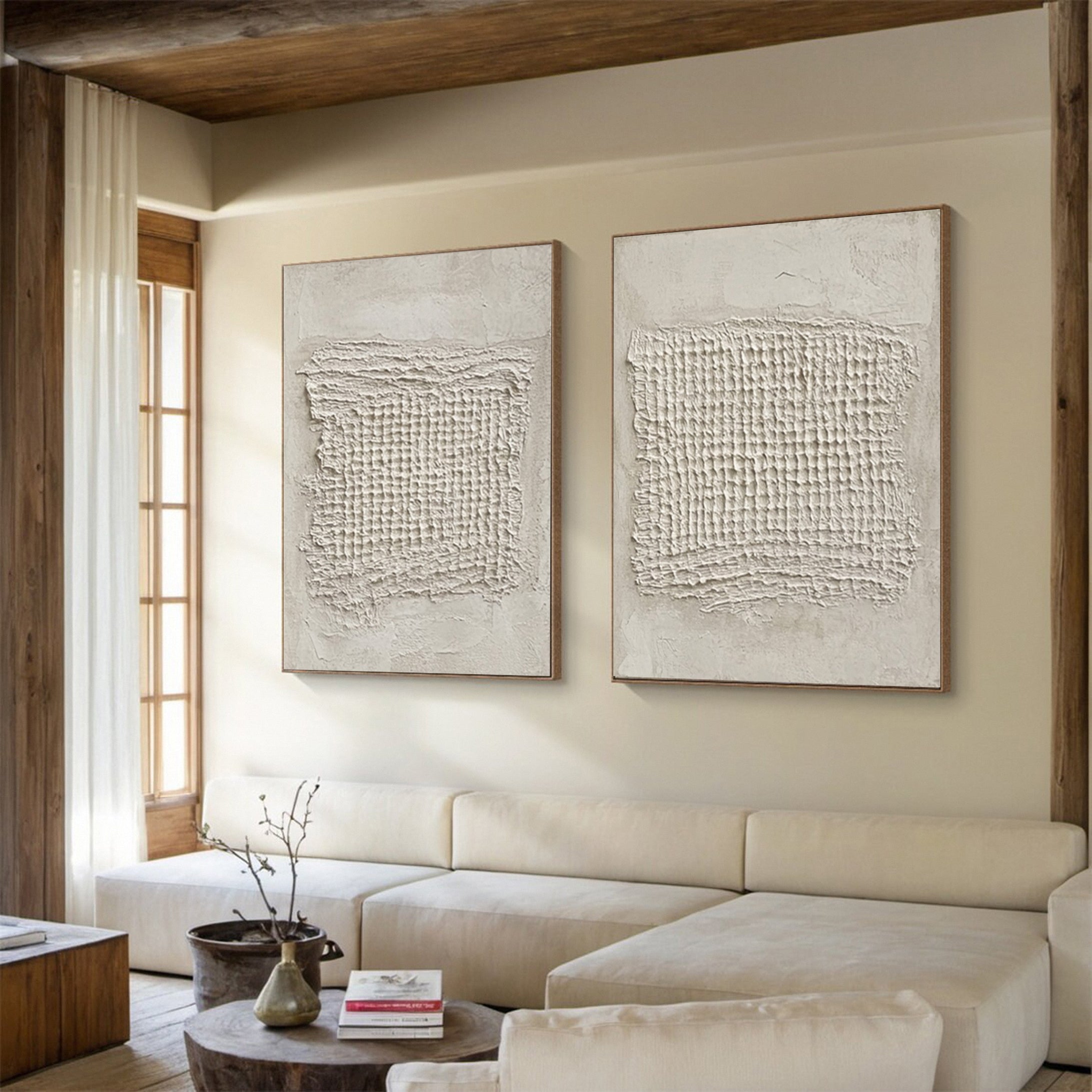 Sculpted Neutral Grid Diptych: Minimalist with Central Textures #MM603
