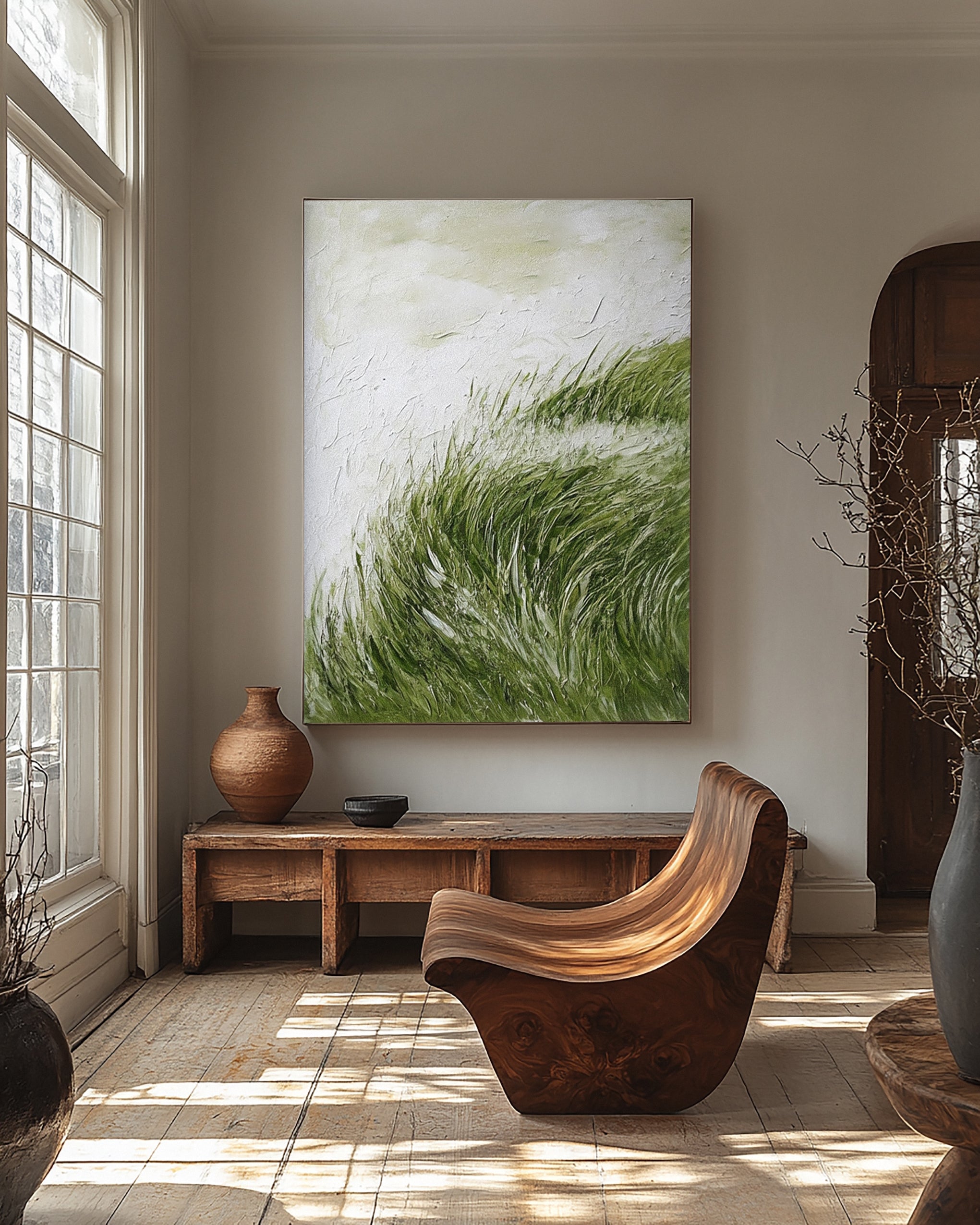Textured Windswept Grass: Contemporary Art with Dynamic Green #MM642