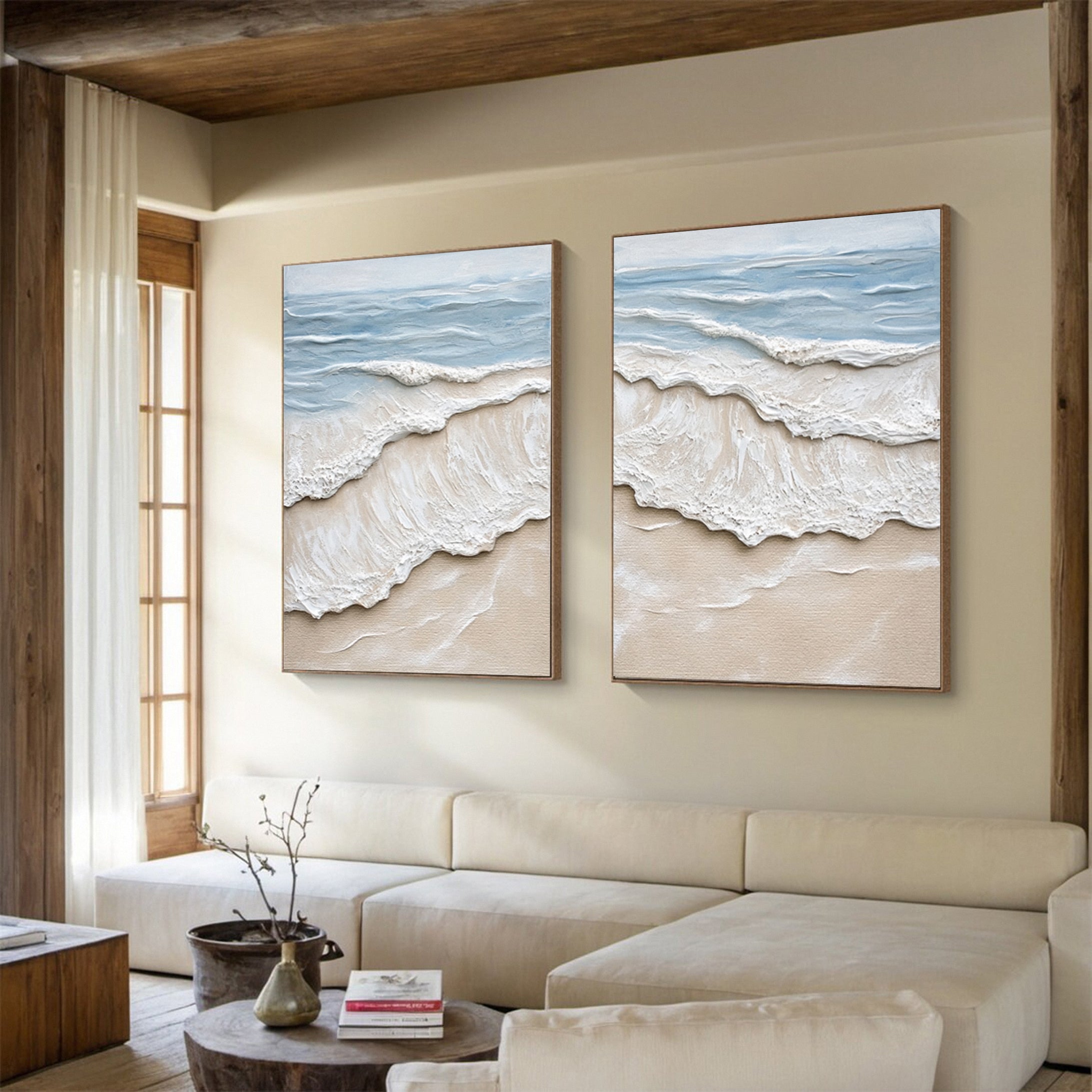 Textured Coastal Wash Diptych: Aerial Seascape with 3D Waves #MM641