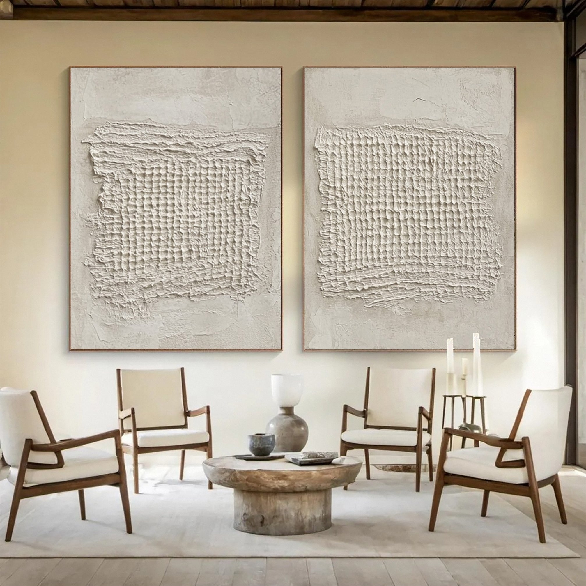 Sculpted Neutral Grid Diptych: Minimalist with Central Textures #MM603