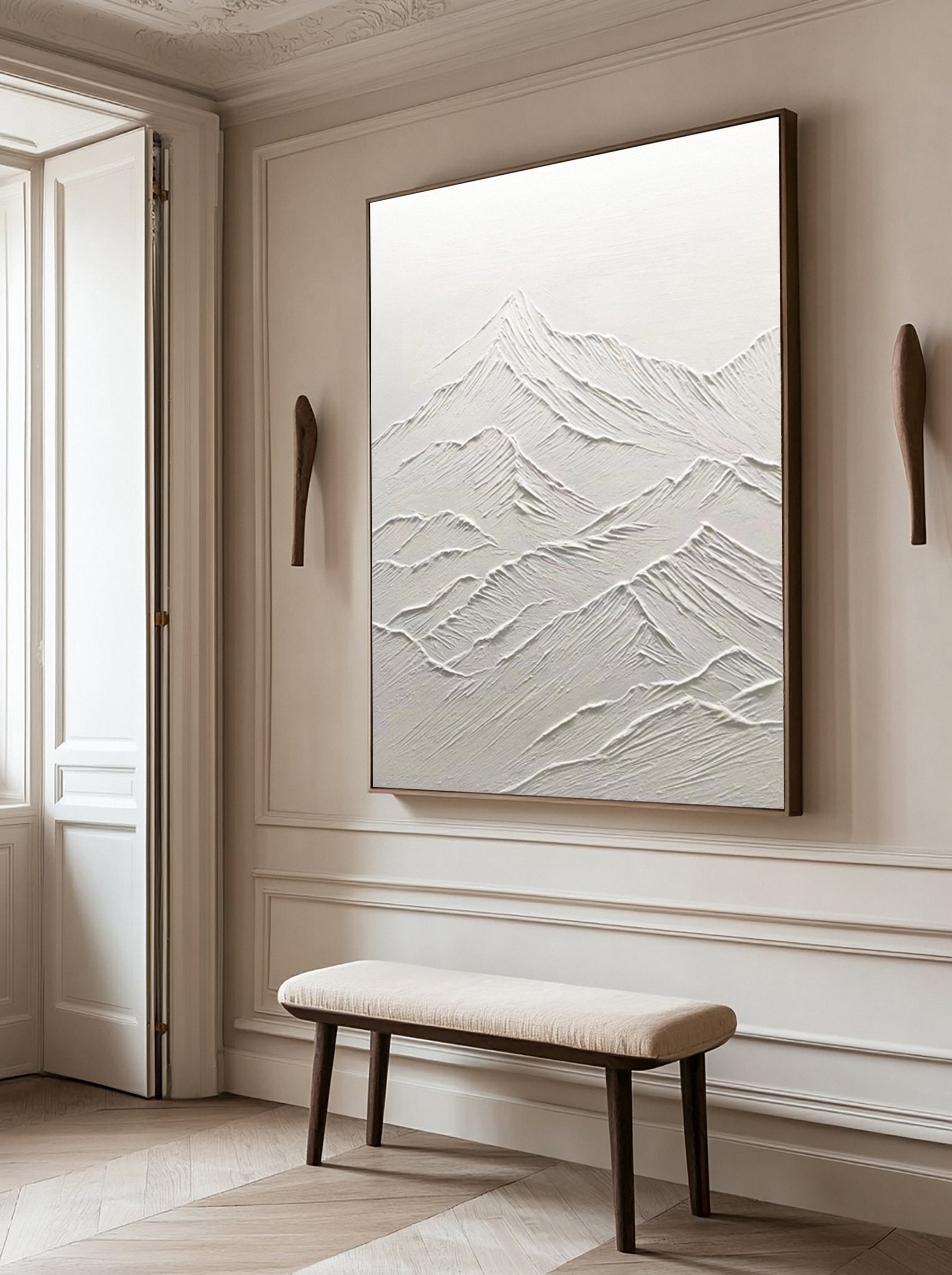 Ethereal White Peaks: Contemporary Canvas with Mountain Forms #MM625